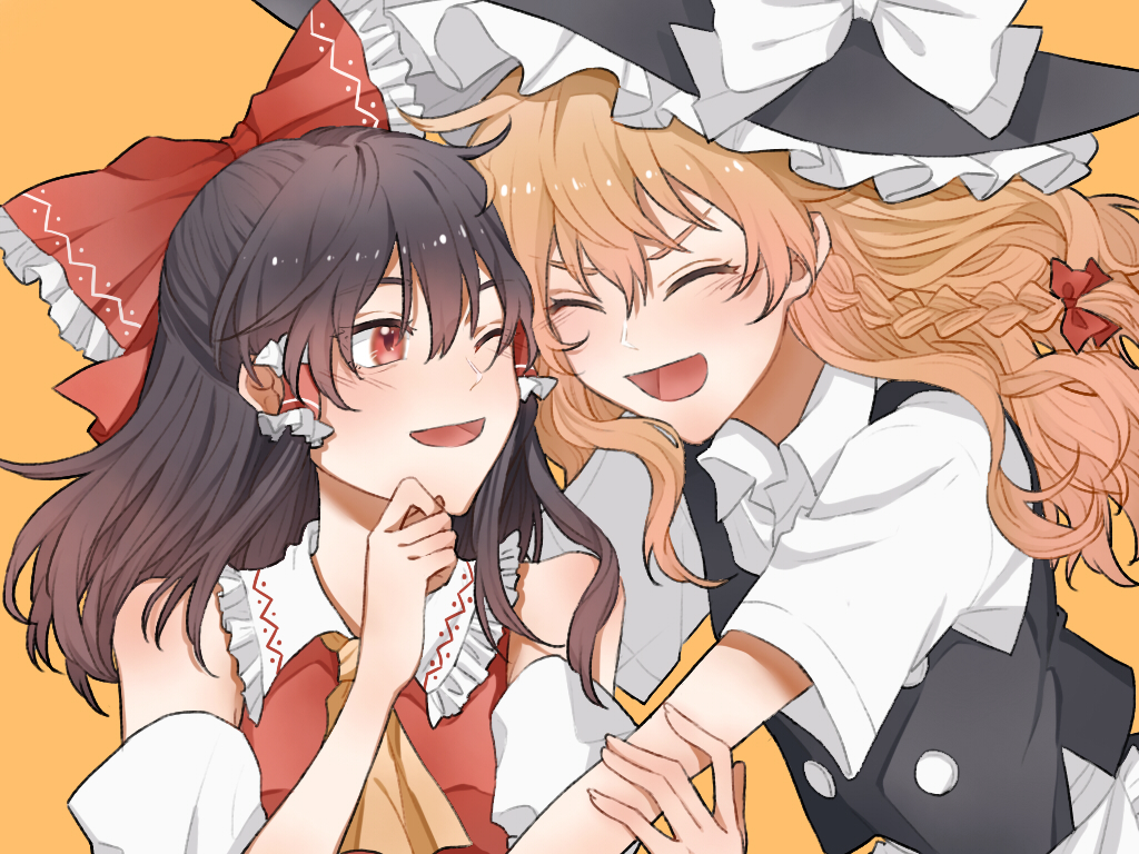 hitte5416, hakurei reimu, kirisame marisa, touhou, chinese commentary, commentary request, 2girls, apron, ascot, bare shoulders, black skirt, black vest, blonde hair, blush, bow, braid, brown hair, buttons, closed eyes, collared dress, collared shirt, detached sleeves, dress, frilled bow, frilled hair tubes, frills, hair between eyes, hair bow, hair ornament, hair tubes, hand up, hat, hat bow, long hair, long sleeves, looking at another, medium hair, multiple girls, one eye closed, open mouth, orange background, red bow, red dress, red eyes, shirt, short sleeves, simple background, single braid, skirt, smile, vest, white apron, white bow, white shirt, wide sleeves, yellow ascot, yuri
