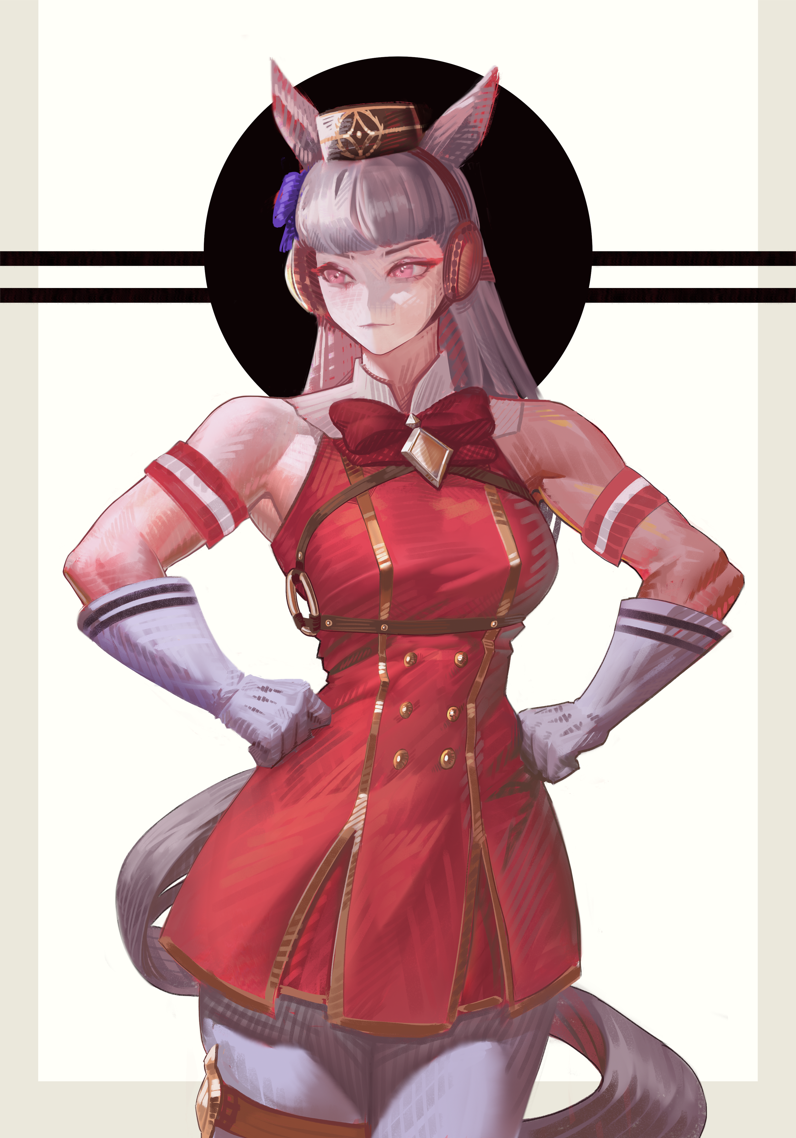 gold ship (red strife) (umamusume), gold ship (umamusume), umamusume, absurdres, highres, 1girl, animal ears, armband, blunt bangs, bow, bowtie, breasts, brown hat, closed mouth, dress, ear bow, ear ribbon, gloves, grey hair, hat, horse ears, horse girl, horse tail, long hair, medium breasts, pantyhose, pillbox hat, purple eyes, red bow, red bowtie, red dress, sleeveless, sleeveless dress, solo, striped armband, striped clothes, tail, the antin, thigh strap, white gloves, white pantyhose