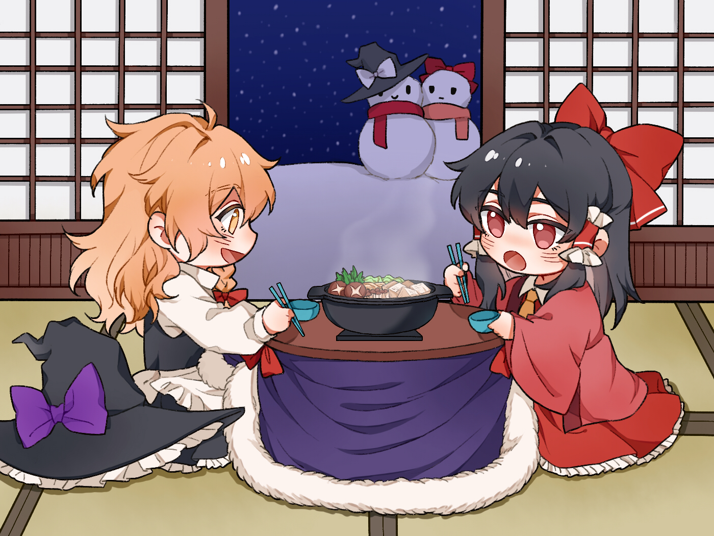 hitte5416, hakurei reimu, kirisame marisa, touhou, character snowman, chinese commentary, commentary request, 2girls, apron, ascot, black hair, black hat, black skirt, black vest, blanket, blonde hair, blush, bow, bowl, braid, chopsticks, collar, dotera (clothes), eating, eyelashes, frills, hair bow, hair tubes, happy, hat, hat bow, holding, holding chopsticks, hotpot, kotatsu, long hair, long sleeves, multiple girls, nabe, no headwear, open mouth, pink scarf, purple bow, red bow, red eyes, red scarf, red shirt, red skirt, scarf, shirt, side braid, sidelocks, sitting, skirt, skirt set, smile, snow, snowing, snowman, steam, table, tatami, under kotatsu, under table, unworn headwear, vest, waist apron, white apron, white bow, white collar, winter, witch hat, yellow ascot, yellow eyes