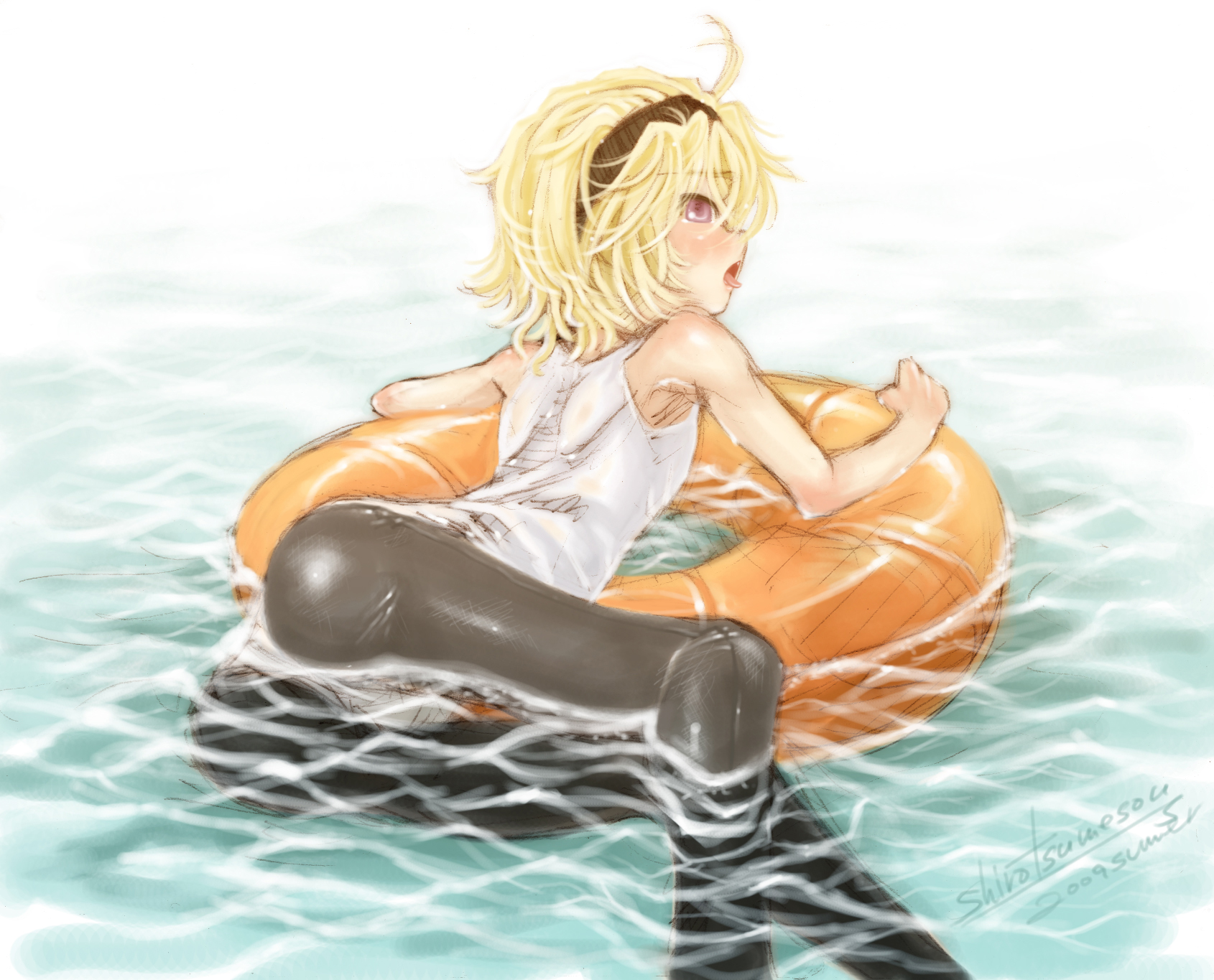 ryou (shirotsumesou), houjou satoko, higurashi no naku koro ni, highres, 00s, 1girl, blonde hair, blush, female focus, hairband, innertube, one-piece swimsuit, pantyhose, pantyhose under swimsuit, purple eyes, school swimsuit, short hair, solo, swim ring, swimsuit, tongue, water, white one-piece swimsuit, white school swimsuit