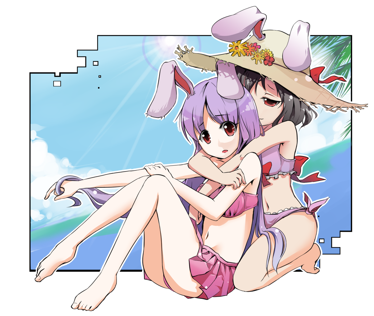 33puruspa, inaba tewi, reisen udongein inaba, touhou, bad id, bad pixiv id, 2girls, animal ears, barefoot, bikini, breasts, ears through headwear, feet, female focus, hat, hug, long hair, medium breasts, multiple girls, rabbit ears, short hair, straw hat, sun hat, swimsuit, twirling hair