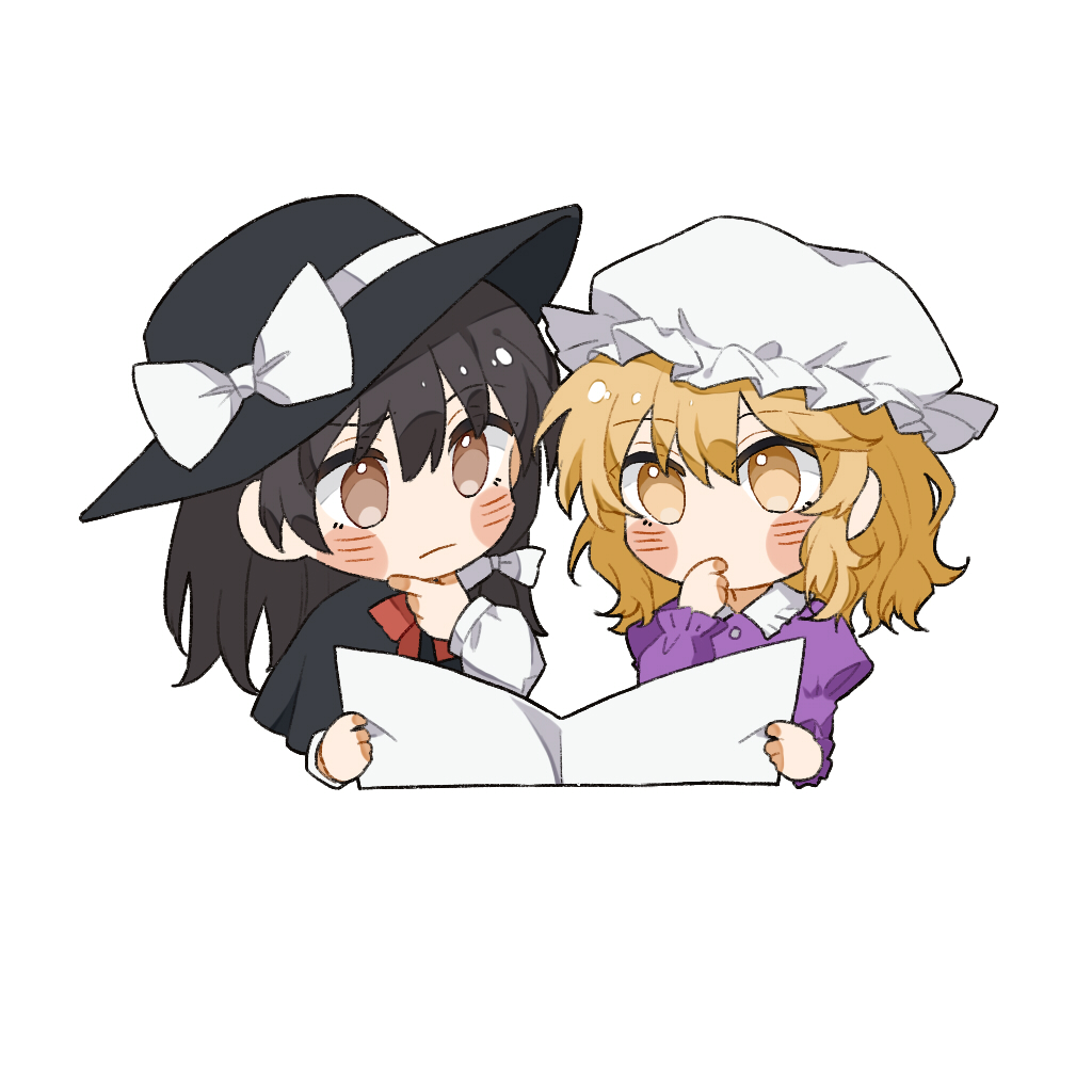 hitte5416, maribel hearn, usami renko, touhou, chinese commentary, commentary request, 2girls, black capelet, black hat, blonde hair, blush, blush stickers, bow, brown eyes, brown hair, buttons, capelet, chibi, closed mouth, collared dress, dress, fedora, frilled shirt collar, frills, hair ribbon, hat, hat bow, holding, long sleeves, mob cap, multiple girls, neck ribbon, purple dress, red ribbon, ribbon, thinking, white hat, white ribbon, yellow eyes