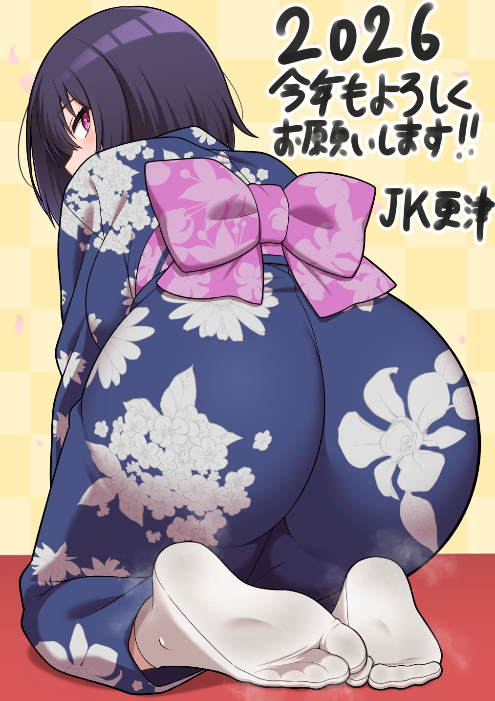 jkisaradu, original, commentary request, highres, 1girl, 2026, all fours, ass, blue kimono, blush, breasts, checkered background, floral print, floral print kimono, from behind, full body, hair between eyes, happy new year, impossible clothes, japanese clothes, kimono, large breasts, looking at viewer, looking back, medium hair, new year, no shoes, obi, pink hair, pink sash, print kimono, purple hair, sash, smell, socks, soles, solo, steaming body, tabi, white socks, yellow background