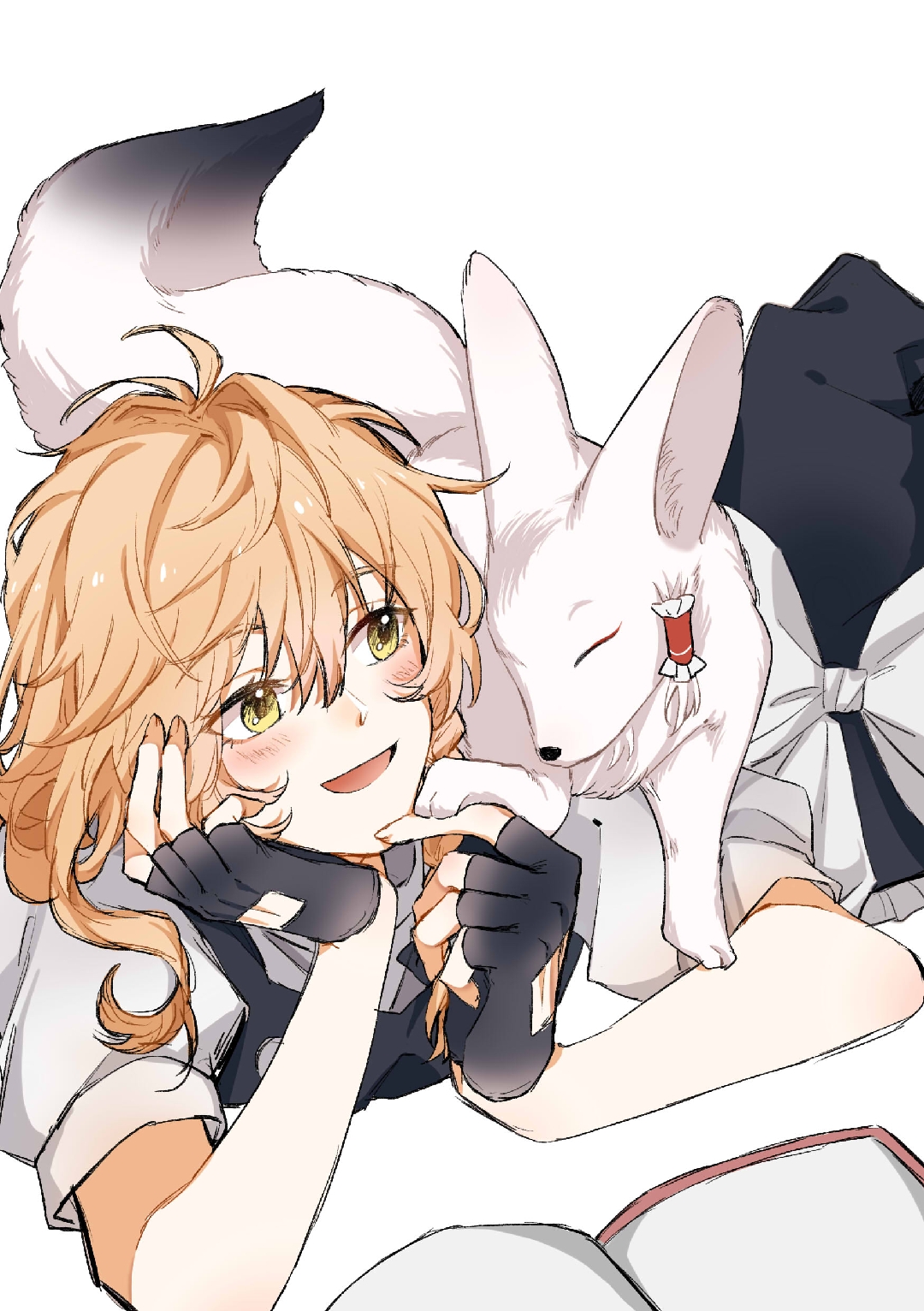 hitte5416, hakurei reimu, hakurei reimu (fox), kirisame marisa, touhou, chinese commentary, commentary request, highres, 1girl, animalization, antenna hair, black hat, black vest, blonde hair, blush, book, fingerless gloves, fingernails, fox, gloves, hat, long hair, no headwear, open book, open mouth, puffy short sleeves, puffy sleeves, shirt, short sleeves, vest, white shirt, witch hat, yellow eyes