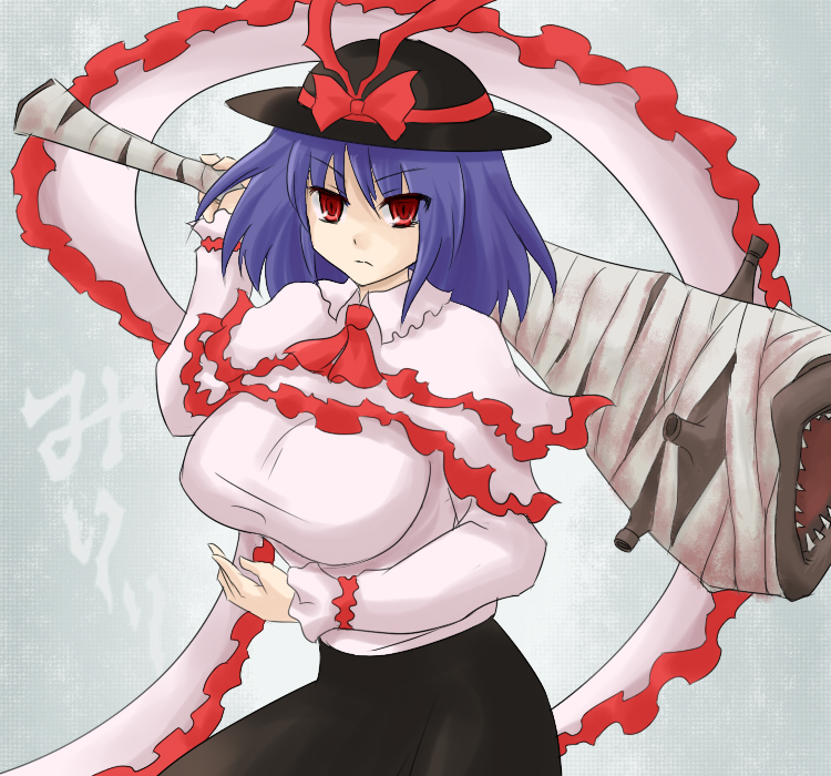 oro (zetsubou girl), khezu, nagae iku, capcom, monster hunter (series), touhou, 1girl, breasts, female focus, gradient background, hat, large breasts, purple hair, red eyes, shawl, skirt, solo