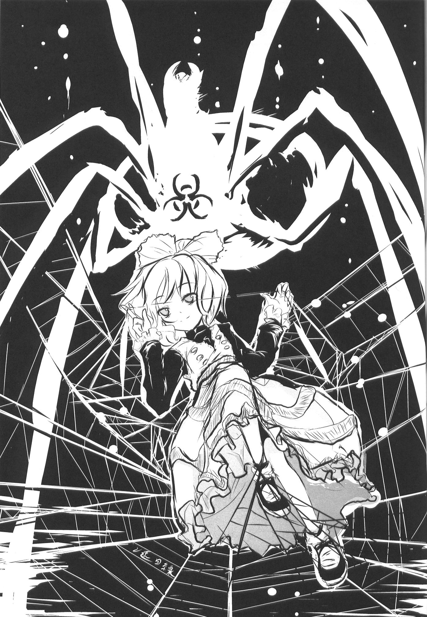kurodani yamame, touhou, highres, 1girl, arthropod girl, biohazard symbol, blonde hair, blush, bow, female focus, greyscale, hair bow, monochrome, short hair, silk, smile, solo, spider web