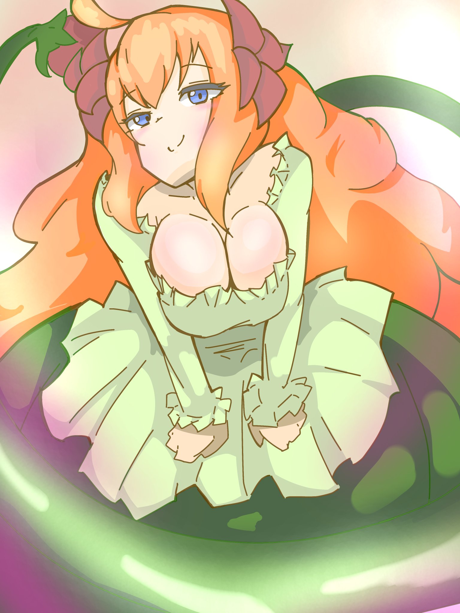 imomofunifuni, casta (mon-musu quest!), mon-musu quest!, mon-musu quest: paradox, commentary request, highres, 1girl, ahoge, blue eyes, breasts, cactus, cactus girl, cleavage, closed mouth, colorful background, dress, eyes visible through hair, flower, green dress, hair flower, hair ornament, large breasts, long hair, looking at viewer, monster girl, nose, orange hair, smile, very long hair