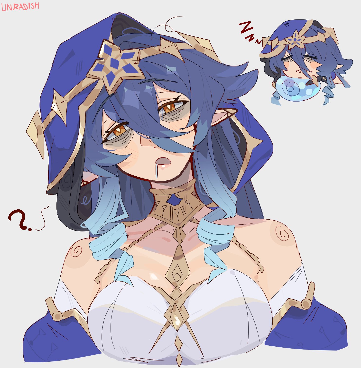 unfamousradish, layla (genshin impact), genshin impact, commentary, commission, english commentary, highres, 1girl, = =, bare shoulders, chibi, drill hair, drill sidelocks, hair between eyes, halterneck, head tilt, hood, jewelry, multiple views, neck ring, pointy ears, sidelocks, upper body, zzz