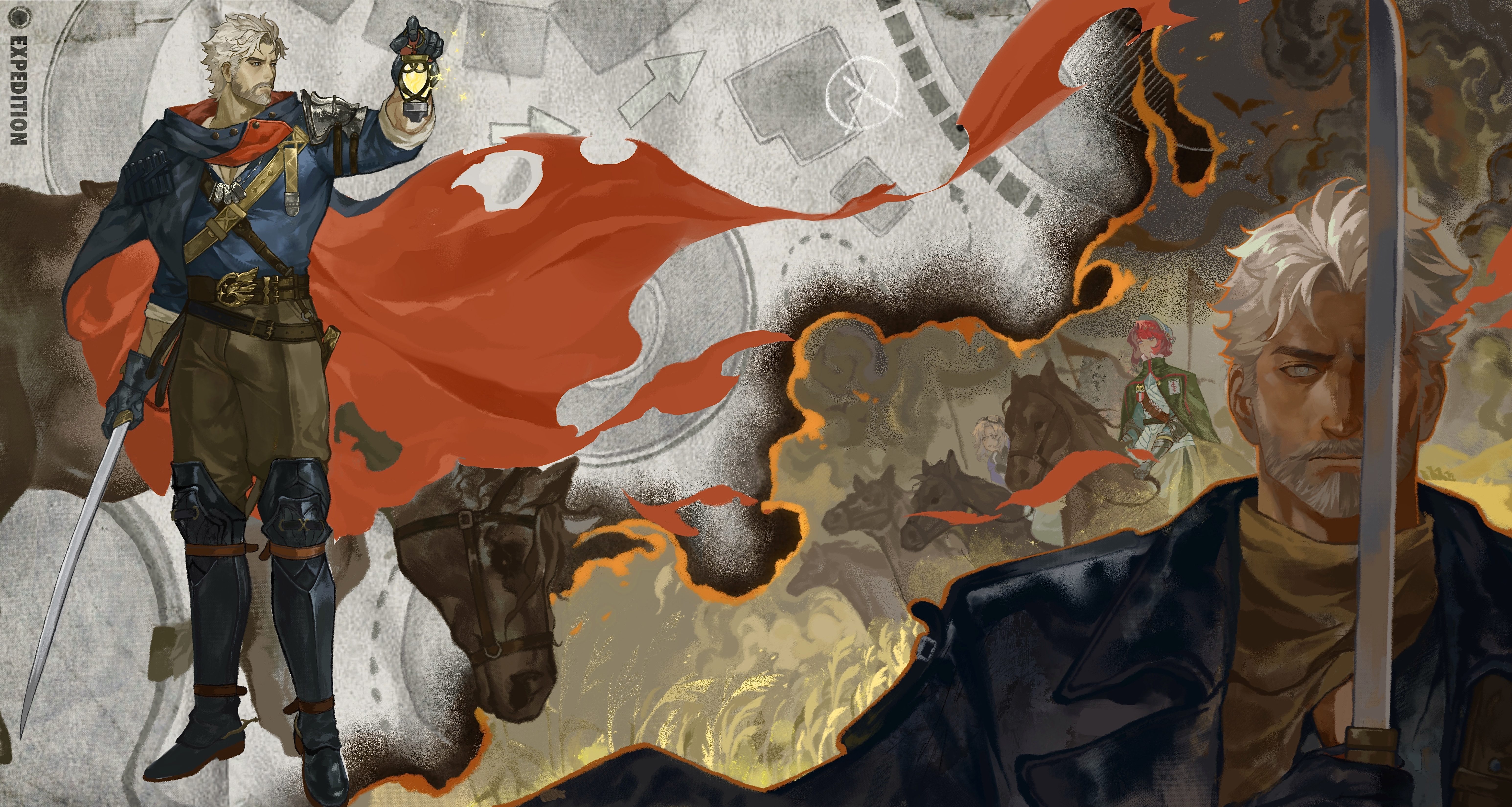 aleph (reverse:1999), igor (reverse:1999), merel (reverse:1999), reverse:1999, absurdres, highres, 1boy, 2girls, armor, armored boots, belt, black gloves, blue shirt, boots, bridle, brown pants, burnt paper, cape, dog tags, gauntlets, gloves, holding, holding lantern, holding reins, holding sword, holding weapon, horse, horseback riding, lantern, male focus, multiple girls, multiple views, old, old man, pants, red hair, reins, renjian jianshiqi, riding, sam browne belt, shirt, shirt tucked in, shoulder armor, sword, torn cape, torn clothes, two-sided cape, two-sided fabric, weapon, white beard, white eyes, white hair