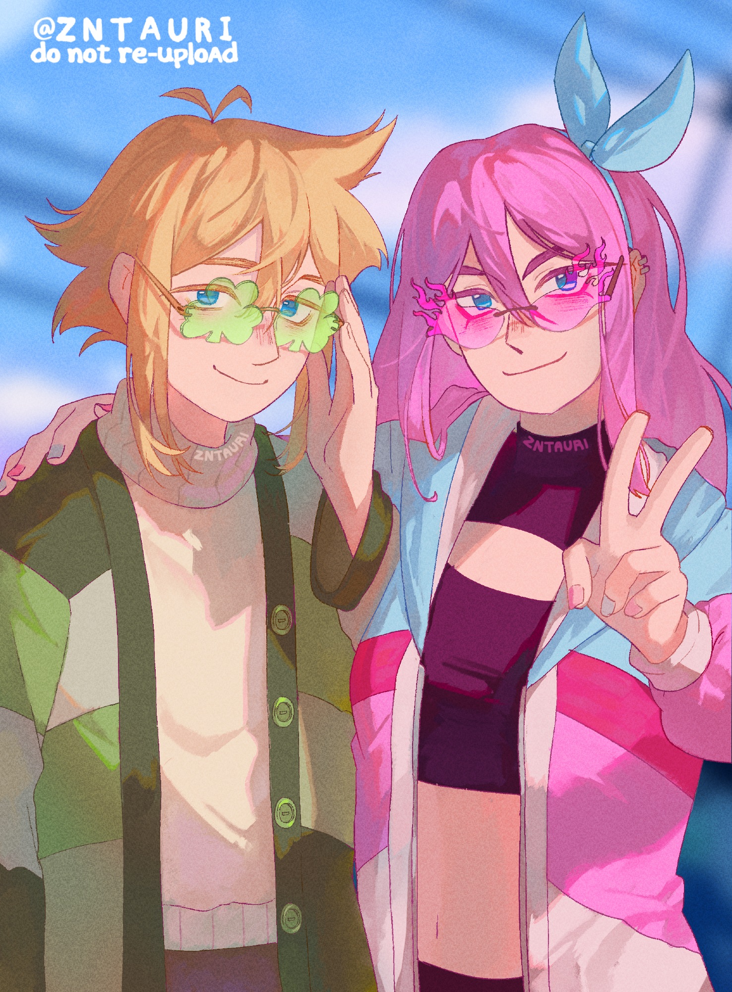 zntauri, aubrey (faraway) (omori), aubrey (omori), basil (faraway) (omori), basil (omori), omori, commentary, english commentary, highres, 1boy, 1girl, adjusting eyewear, alternate costume, antenna hair, artist name, blonde hair, blue eyes, blue hairband, blue nails, blurry, blurry background, cardigan, closed mouth, crop top, double-parted bangs, ear piercing, green-tinted eyewear, green cardigan, hair between eyes, hairband, hand on another's shoulder, hood, hood down, long hair, long sleeves, multicolored nails, open cardigan, open clothes, piercing, pink-tinted eyewear, pink hair, pink nails, short hair, sidelocks, smile, sunglasses, sweater, tinted eyewear, turtleneck, turtleneck sweater, v, white sweater