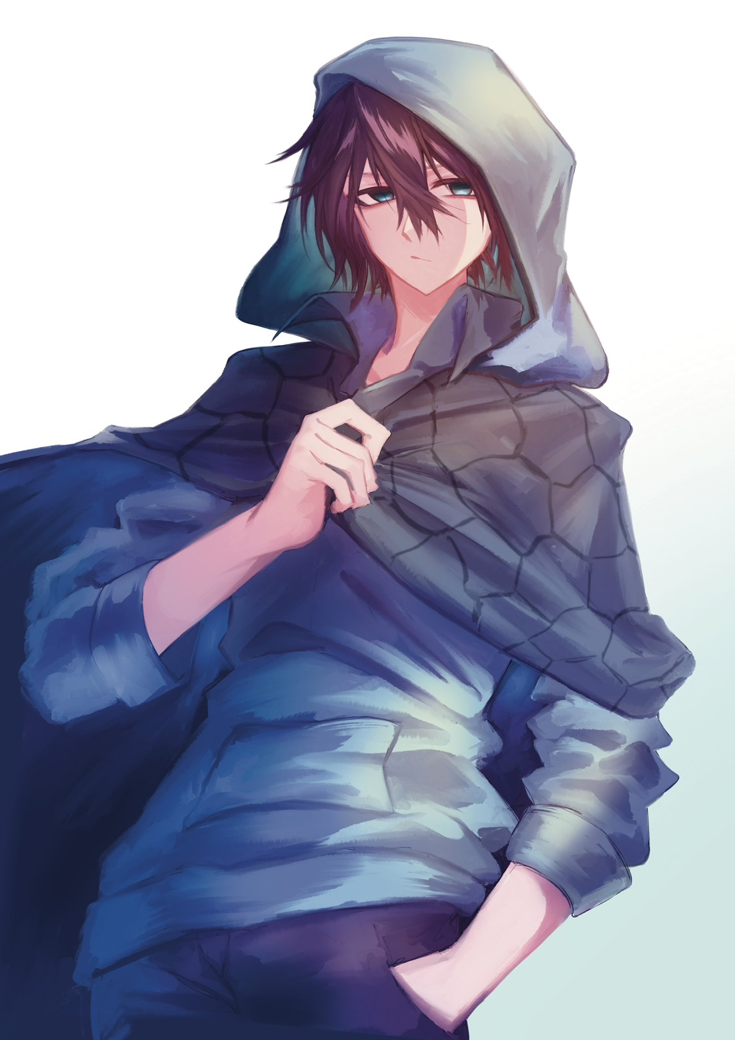kasoke308, vedal987, vedal ai, commentary, english commentary, highres, 1boy, black hair, black pants, cape, cape hold, closed mouth, contrapposto, cowboy shot, floating cape, from below, gradient background, green background, green cape, green eyes, green hoodie, hair between eyes, hand in pocket, hexagon print, hood, hood up, hoodie, looking at viewer, male focus, messy hair, pants, pocket, shade, short hair, solo, white background