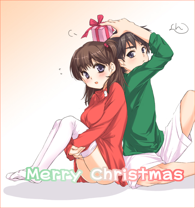 kanda aya, 1boy, 1girl, back-to-back, brown hair, christmas, gift, hair bobbles, hair ornament, hugging own legs, merry christmas, side ponytail, sitting, thighhighs, white thighhighs