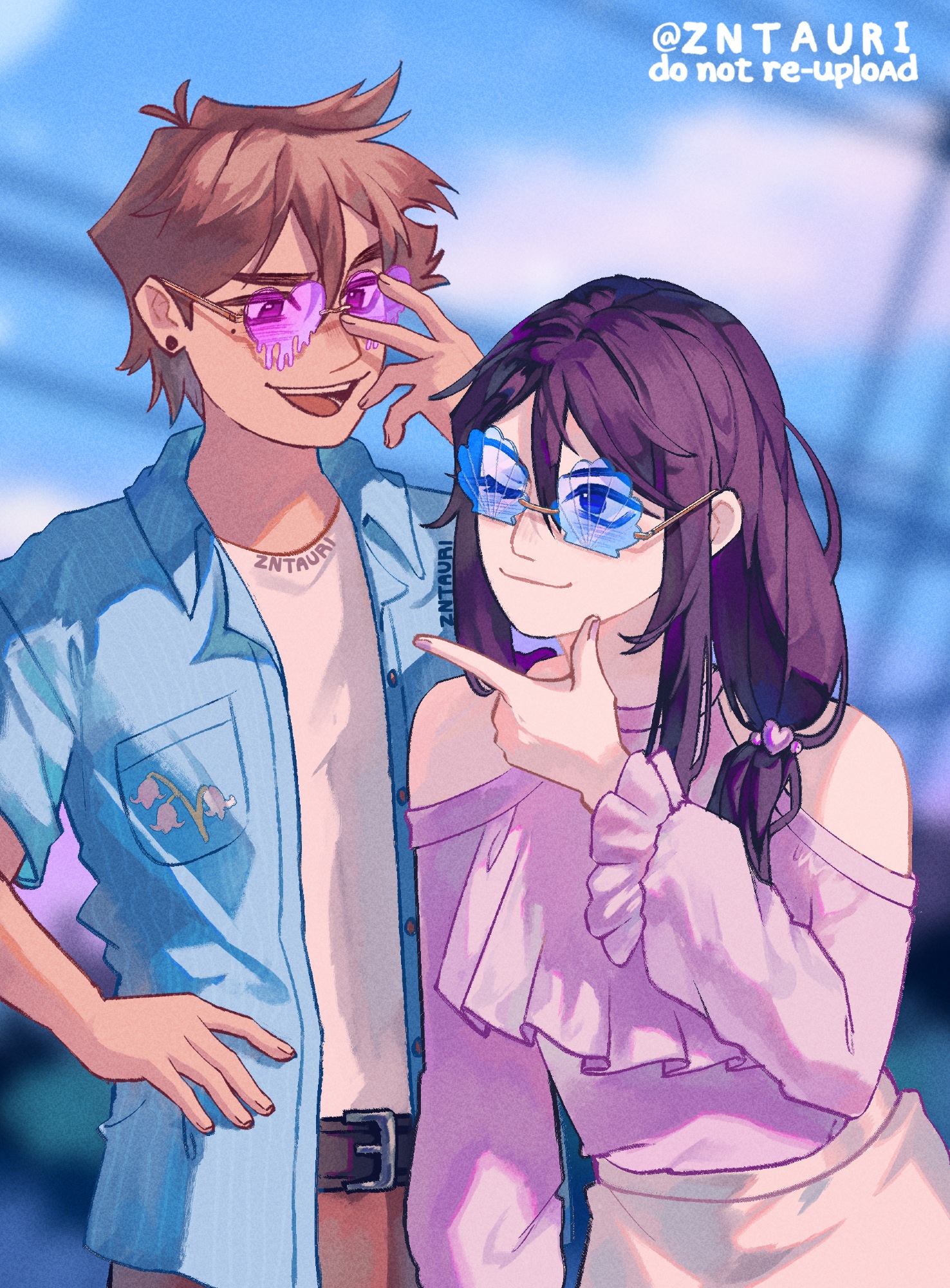 zntauri, hero (faraway) (omori), hero (omori), mari (faraway) (omori), mari (omori), omori, commentary, english commentary, highres, 1boy, 1girl, alternate costume, alternate hairstyle, antenna hair, artist name, bare shoulders, belt, black belt, black eyes, black hair, blue-tinted eyewear, blue jacket, blurry, blurry background, breast pocket, brown eyes, brown hair, closed mouth, clothing cutout, collared jacket, double-parted bangs, ear piercing, hair between eyes, hand on own hip, jacket, long hair, long sleeves, looking at another, mole, mole under eye, one eye closed, open mouth, piercing, pocket, purple-tinted eyewear, shirt, short-sleeved jacket, short hair, short sleeves, shoulder cutout, sunglasses, t-shirt, teeth, tinted eyewear, tongue, upper teeth only, white shirt