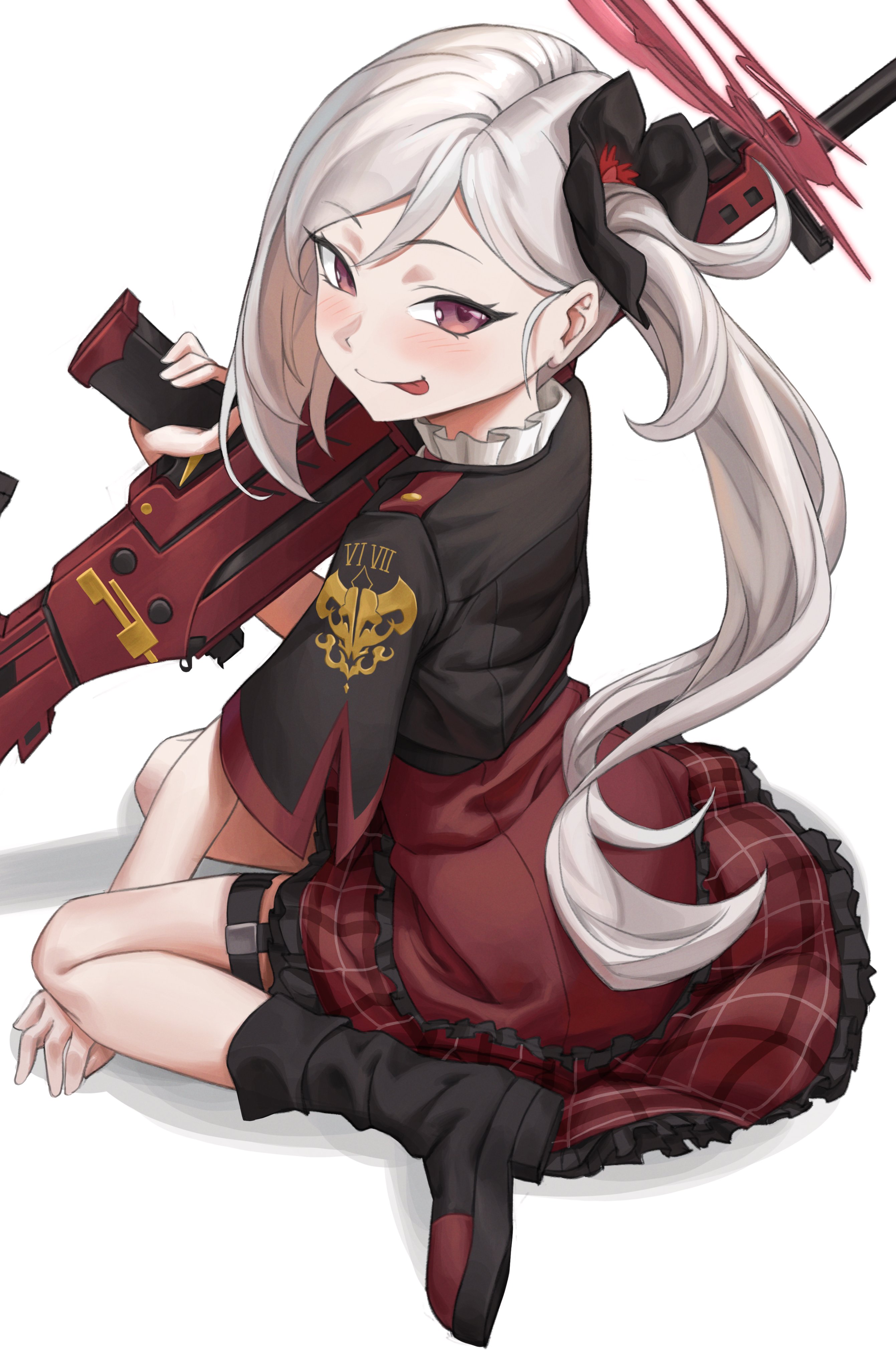 mikazon, mutsuki (blue archive), blue archive, absurdres, commentary request, highres, mixed-language commentary, 1girl, black boots, black jacket, blush, boots, frilled skirt, frills, grey hair, h&k mg5, hair ornament, jacket, long hair, looking at viewer, plaid clothes, plaid skirt, red ribbon, red skirt, ribbon, school uniform, shadow, short sleeves, simple background, sitting, skirt, smile, solo, tongue, tongue out, wariza, white background, wide sleeves