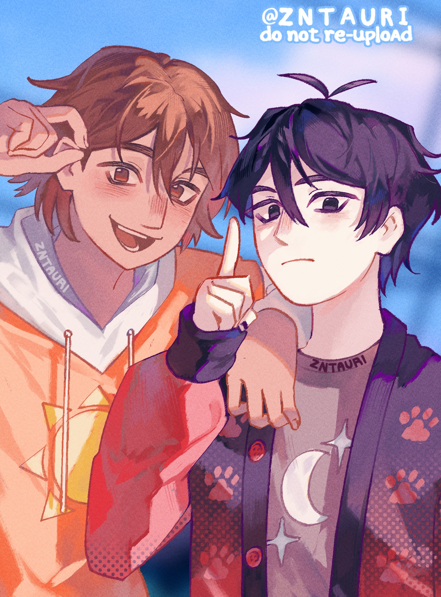 zntauri, kel (faraway) (omori), kel (omori), sunny (omori), omori, commentary, english commentary, highres, 2boys, alternate costume, antenna hair, artist name, black eyes, black hair, blurry, blurry background, brown eyes, brown hair, cardigan, closed mouth, dark-skinned male, dark skin, double-parted bangs, hood, hood down, hoodie, index finger raised, long sleeves, looking at viewer, male focus, multiple boys, open cardigan, open clothes, open mouth, orange hoodie, short hair, teeth, tongue