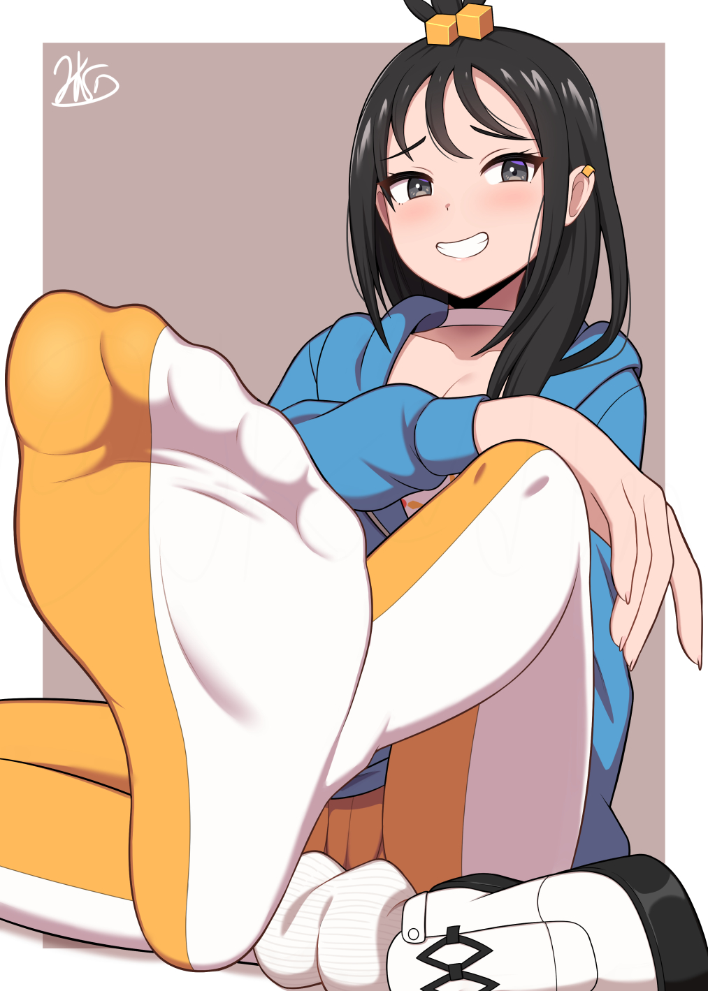 jkisaradu, lida (pokemon), nintendo, pokemon, pokemon legends: z-a, commentary request, highres, 1girl, black hair, blue jacket, blush, border, breasts, choker, collarbone, cube hair ornament, ear piercing, feet, foot focus, foreshortening, full body, grey background, grey eyes, hair ornament, jacket, leg warmers, long sleeves, no shoes, orange pantyhose, pantyhose, piercing, shoes, signature, single shoe, sitting, small breasts, smile, solo, two-tone pantyhose, white border, white choker, white leg warmers, white pantyhose