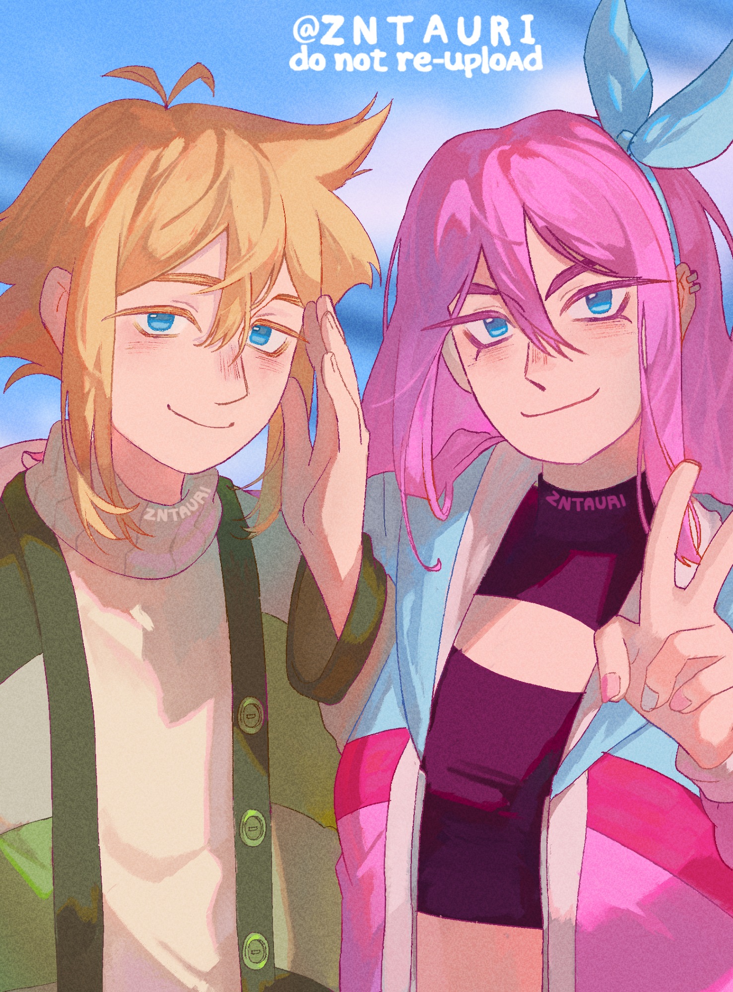 zntauri, aubrey (faraway) (omori), aubrey (omori), basil (faraway) (omori), basil (omori), omori, commentary, english commentary, highres, 1boy, 1girl, alternate costume, antenna hair, artist name, blonde hair, blue eyes, blue hairband, blue nails, blurry, blurry background, cardigan, closed mouth, crop top, double-parted bangs, ear piercing, green cardigan, hair between eyes, hairband, hand on another's shoulder, hood, hood down, long hair, long sleeves, multicolored nails, open cardigan, open clothes, piercing, pink hair, pink nails, short hair, sidelocks, smile, sweater, turtleneck, turtleneck sweater, v, white sweater