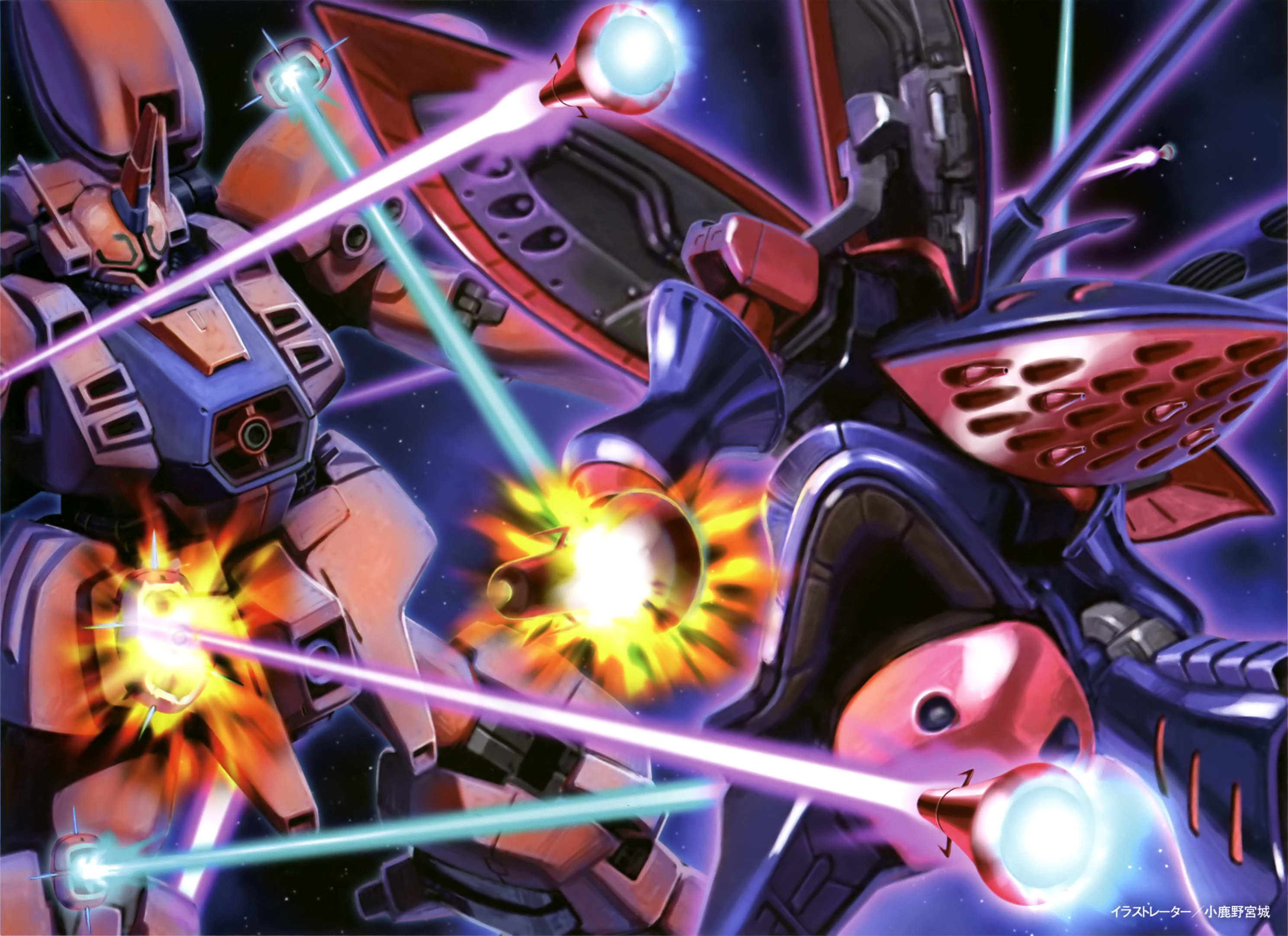 geymalk, qubeley mk ii, gundam, gundam zz, artist request, highres, magazine scan, official art, painting (medium), scan, traditional media, beam cannon, cable, damaged, debris, destruction, energy beam, energy field, explosion, firing, funnels (gundam), glowing, gundam perfect file, mecha, mecha focus, mobile suit, neo zeon, no humans, one-eyed, robot, scene reference, science fiction, thrusters
