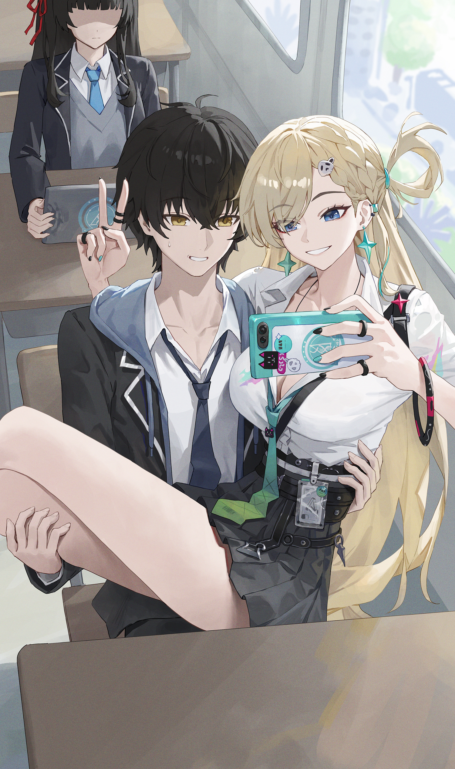 llami 0, chisa (wuthering waves), lynae (wuthering waves), male rover (wuthering waves), rover (wuthering waves), wuthering waves, absurdres, commentary request, highres, 1boy, 2girls, aqua necktie, black hair, black jacket, black nails, black skirt, blue eyes, blue necktie, braid, braided bangs, breasts, carrying, cellphone, classroom, cleavage, collarbone, earrings, fingernails, grey vest, hair between eyes, hair ornament, hair ribbon, holding, holding phone, hood, hood down, hooded jacket, id card, indoors, jacket, jewelry, long hair, medium breasts, multiple girls, nail polish, necktie, no eyes, official alternate costume, phone, princess carry, red ribbon, ribbon, selfie, shaded face, shirt, shirt tucked in, skirt, skull hair ornament, smartphone, smile, star (symbol), star earrings, thighs, v, vest, white shirt, yellow eyes