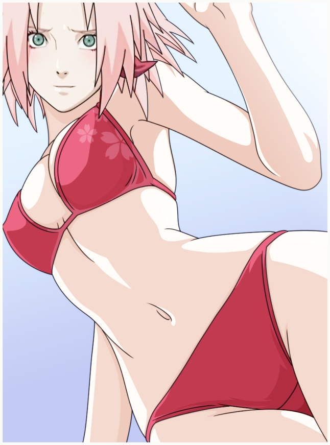yue-tsuki-chan, haruno sakura, naruto (classic), naruto (series), derivative work, third-party edit, 1girl, bikini, breasts, female focus, green eyes, large breasts, navel, pink hair, short hair, solo, swimsuit