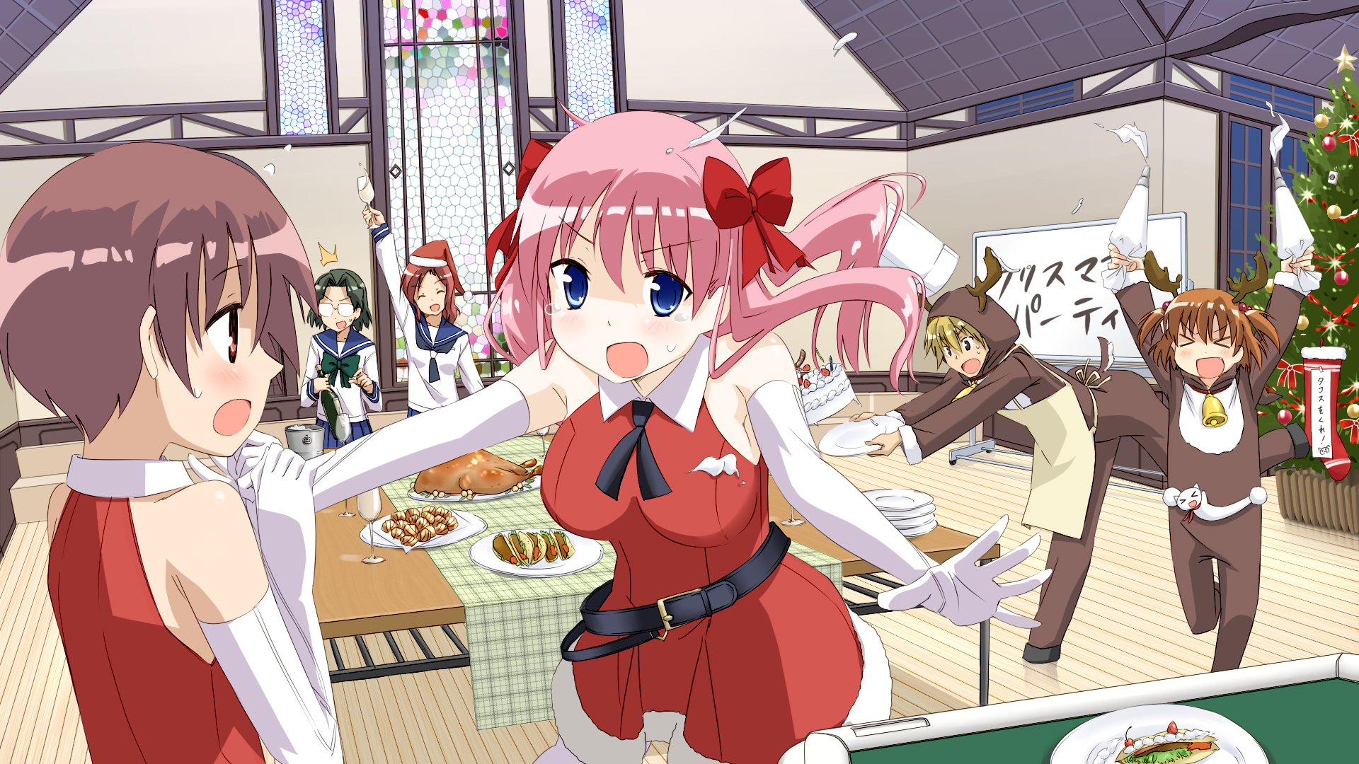 mousou (mousou temporary), haramura nodoka, kataoka yuuki, miyanaga saki, someya mako, suga kyoutarou, takei hisa, saki (manga), bad id, bad pixiv id, highres, 00s, 1boy, 5girls, alcohol, alternate costume, animal costume, antlers, apron, bare shoulders, bell, belt, blonde hair, blush, brown hair, cake, chef hat, christmas, christmas tree, cup, dress, drinking glass, elbow gloves, food, gloves, green hair, hair bobbles, hair ornament, hat, horns, icing, long hair, multiple girls, party, pastry, pink hair, plate, red hair, reindeer costume, santa hat, school uniform, serafuku, short hair, stained glass, taco, tears, thighhighs, turkey (bird), turkey (food), twintails, white gloves, wine, wine glass