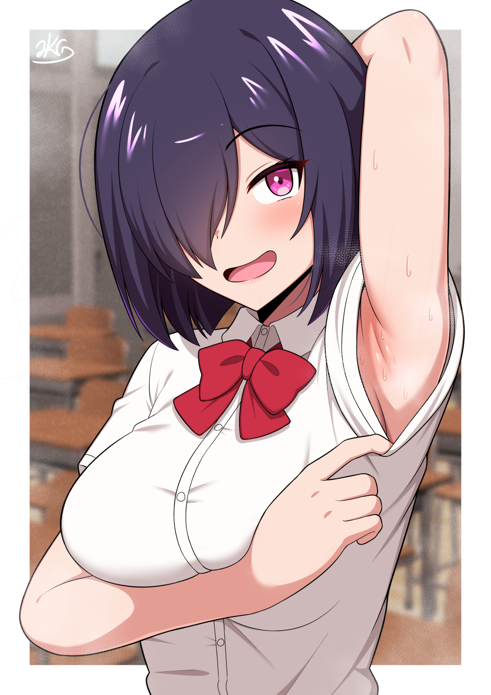 jkisaradu, original, commentary request, highres, textless version, 1girl, arm up, armpit focus, armpits, blurry, blurry background, blush, border, bow, bowtie, breasts, classroom, collared shirt, eyelashes, hair over one eye, impossible clothes, impossible shirt, indoors, large breasts, medium hair, open mouth, pink eyes, presenting armpit, purple hair, red bow, red bowtie, shirt, short sleeves, signature, smell, solo, steaming body, sweatdrop, upper body, white border, white shirt