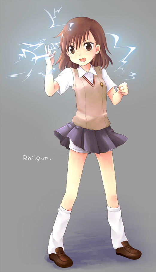 nae (rno), misaka mikoto, toaru kagaku no railgun, toaru majutsu no index, bad id, bad pixiv id, 00s, 1girl, 2009, brown eyes, brown hair, brown shoes, brown sweater vest, electricity, electrokinesis, female focus, full body, grey background, grey skirt, hair ornament, hairclip, light blush, looking at viewer, loose socks, matching hair/eyes, miniskirt, open mouth, school uniform, shirt, shoes, short hair, shorts, shorts under skirt, skirt, smile, socks, solo, standing, summer uniform, sweater vest, thighs, tokiwadai school uniform, white shirt, white socks