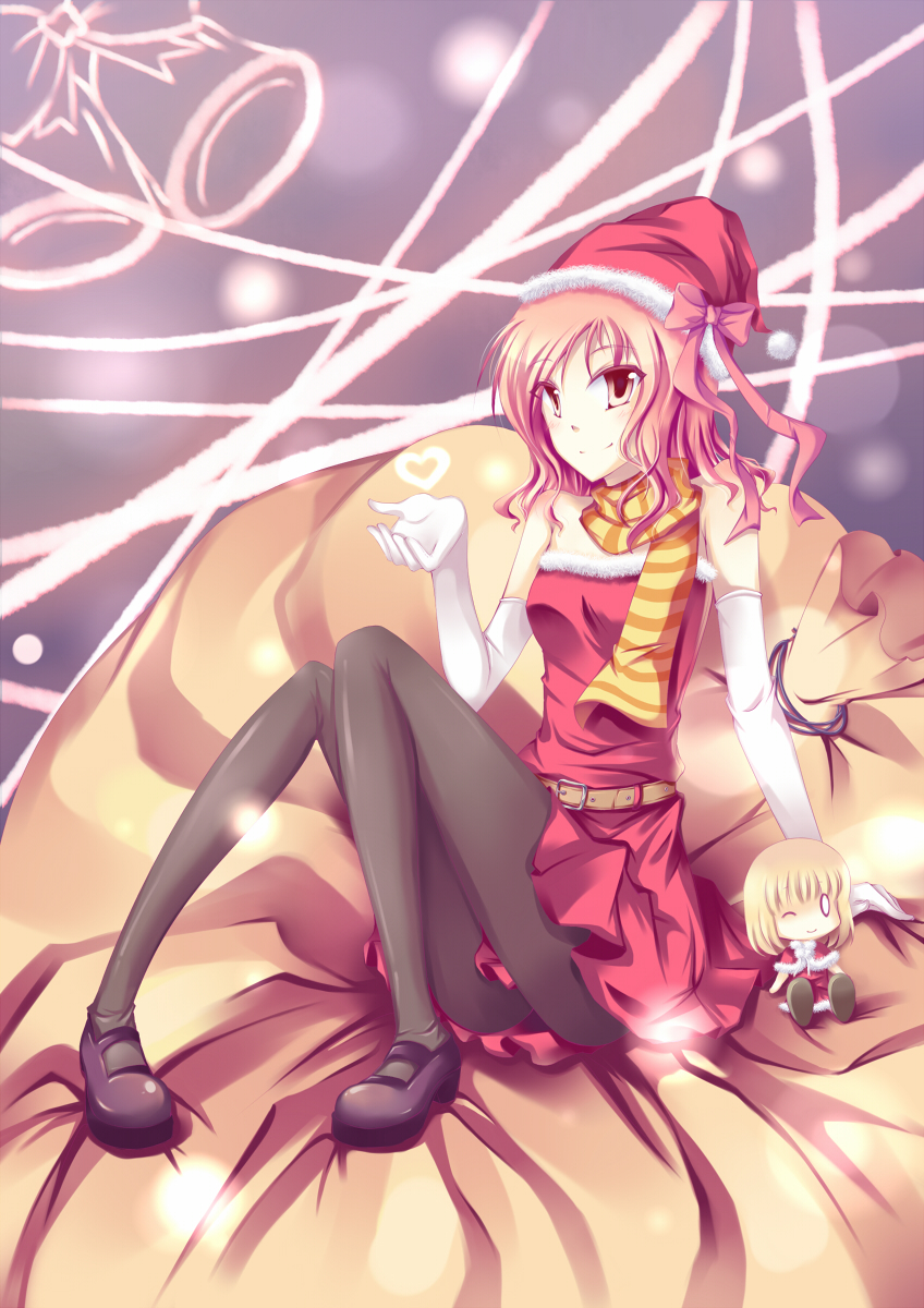 nobuda, fukuji mihoko, takei hisa, saki (manga), highres, 00s, 1girl, blonde hair, brown eyes, brown hair, character doll, christmas, doll, dress, elbow gloves, female focus, gloves, hat, heart, long hair, one eye closed, pantyhose, sack, santa costume, santa hat, scarf, shoes, solo, white gloves, wink
