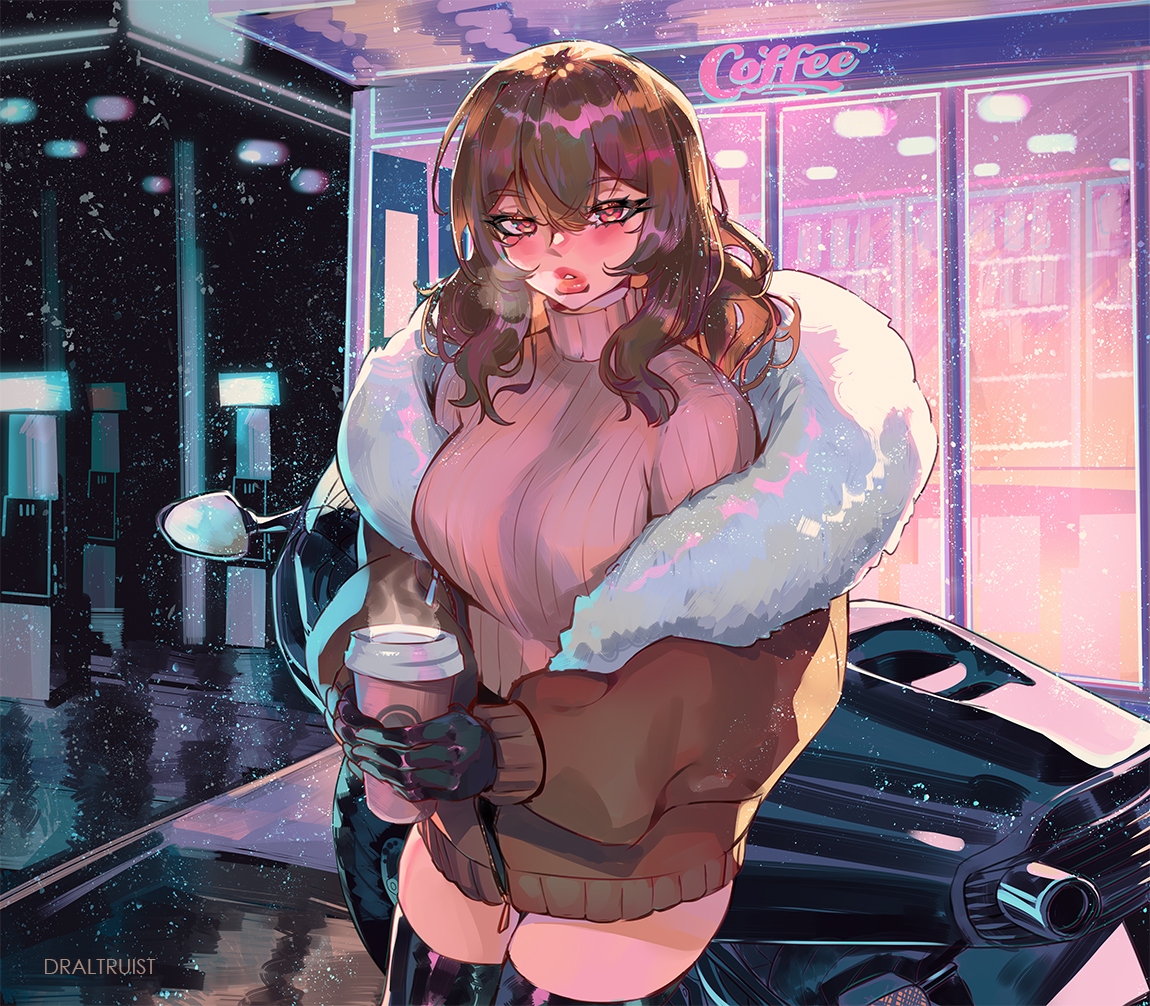 dr altruist, original, 1girl, black thighhighs, blush, breasts, breath, brown eyes, brown hair, brown jacket, cowboy shot, cup, eyelashes, gas station, holding, holding cup, jacket, large breasts, medium hair, motor vehicle, motorcycle, outdoors, pink sweater, snowing, solo, sweater, thighhighs
