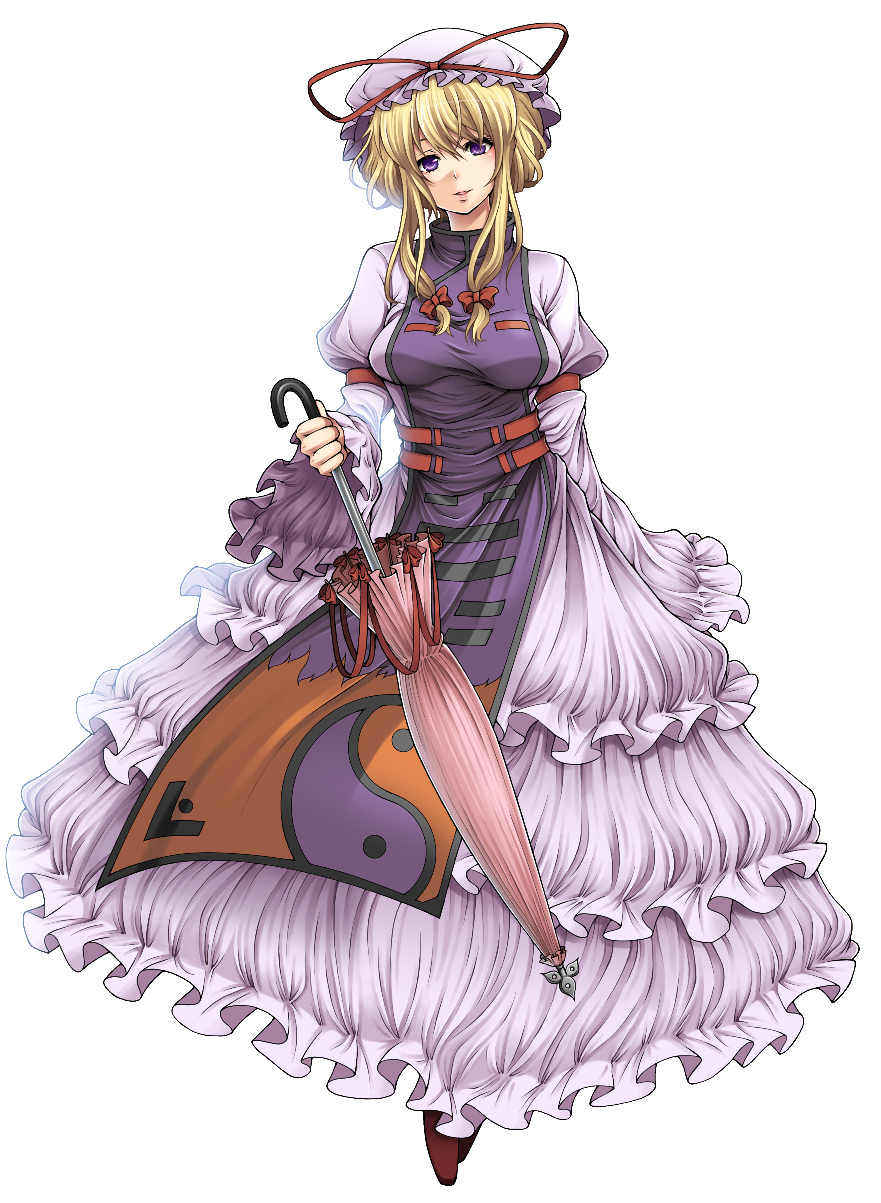 der junge, yakumo yukari, touhou, absurdres, highres, 1girl, blonde hair, breasts, female focus, full body, hat, large breasts, long hair, parasol, purple eyes, ribbon, smile, solo, transparent background, umbrella