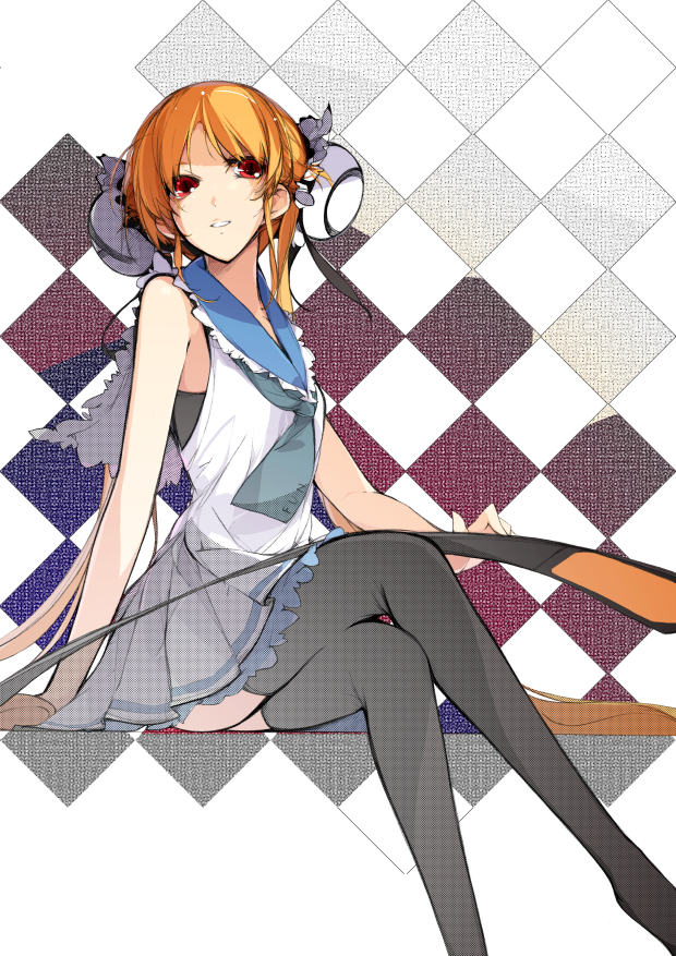 sakura sora, original, bad id, bad pixiv id, 1girl, black thighhighs, crossed legs, female focus, legs, long hair, orange hair, red eyes, sitting, smile, solo, thighhighs