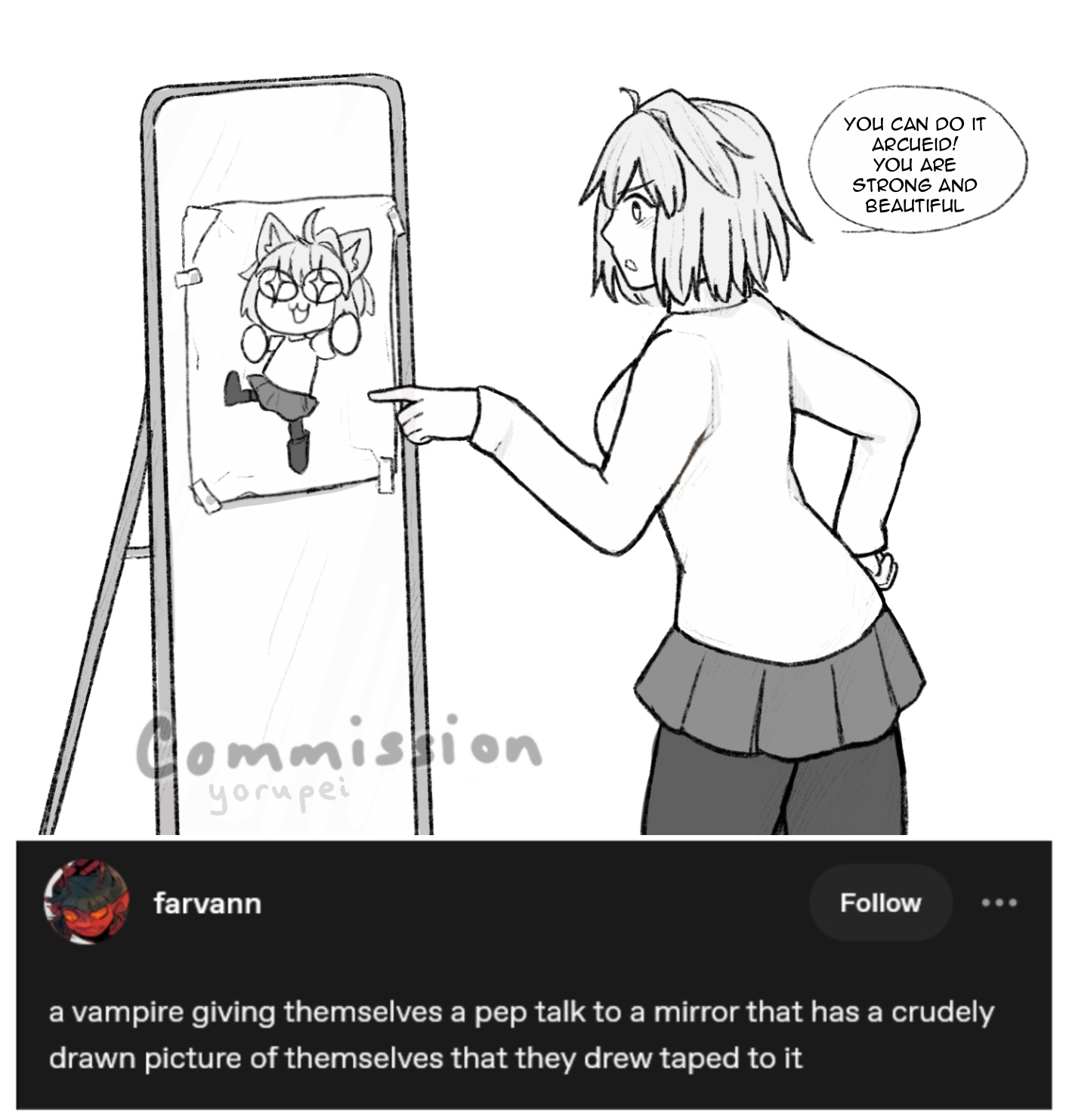 arcueid brunestud, neco-arc, tsukihime, tsukihime (remake), commentary, commission, english commentary, highres, + +, 1girl, :3, ahoge, animal ears, arms up, artist name, black leggings, black shoes, cat ears, cat girl, cat tail, chibi, drawing (object), dual persona, english text, feet out of frame, from side, grey skirt, greyscale, hair intakes, leggings, long sleeves, miniskirt, mirror, monochrome, no reflection, open mouth, paper, pleated skirt, pointing, request inset, screenshot inset, shirt, shoes, short hair, skirt, smile, solo, tail, tape, tumblr ask, v-shaped eyebrows, white shirt, yorupei