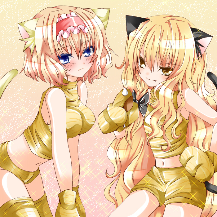 nanase nao, alice margatroid, kirisame marisa, touhou, bad id, bad pixiv id, 2girls, animal ears, blonde hair, blue eyes, female focus, long hair, multiple girls, tiger ears, yellow eyes