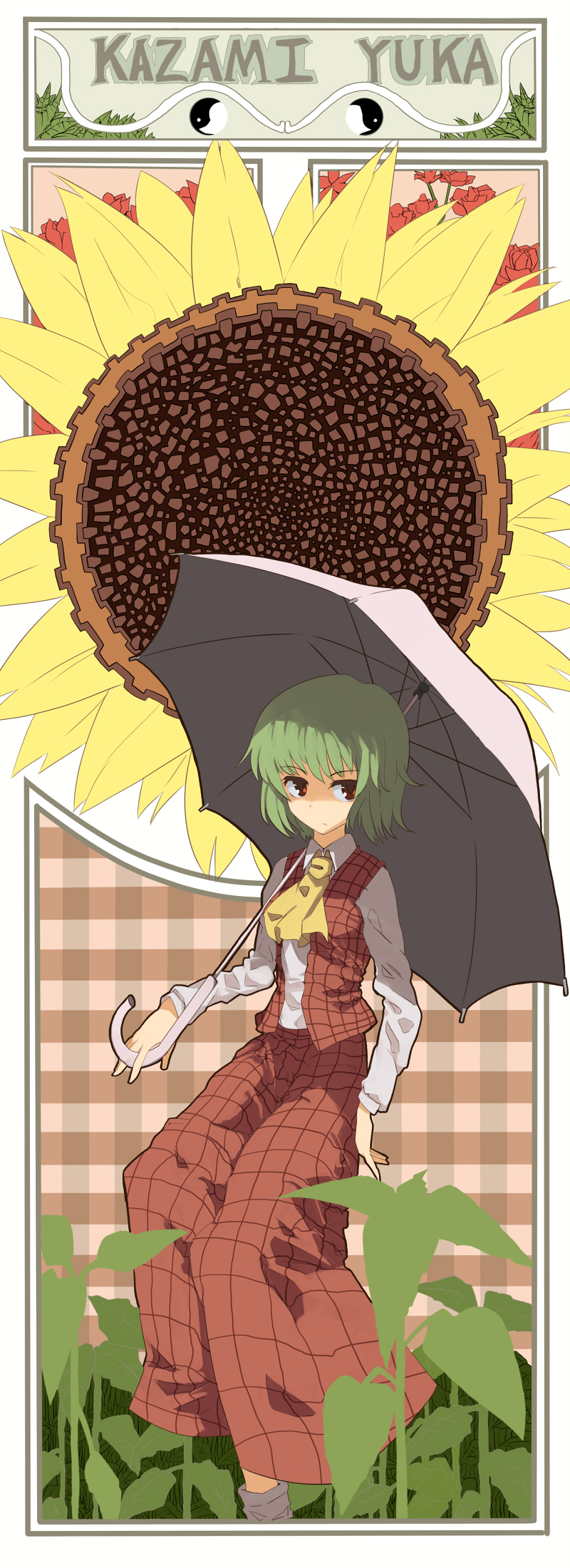 mieharu, kazami yuuka, touhou, highres, 1girl, ascot, character name, female focus, flower, green hair, parasol, plaid background, plaid clothes, plaid skirt, plaid vest, red eyes, short hair, skirt, skirt set, solo, sunflower, umbrella, vest
