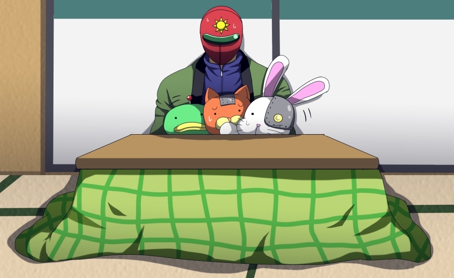 kn96, devil neko, p-chan kai, sunred, usakotsu, tentai senshi sunred, bad id, bad pixiv id, 00s, kotatsu, mask, table