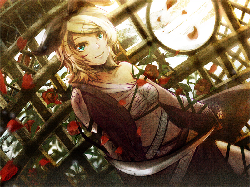 soriku, kagamine rin, iroha uta (vocaloid), vocaloid, bad id, bad pixiv id, 1girl, aqua eyes, blonde hair, female focus, flower, hair ornament, hair ribbon, hairclip, japanese clothes, katana, kimono, ribbon, sarashi, smile, solo, sword, weapon