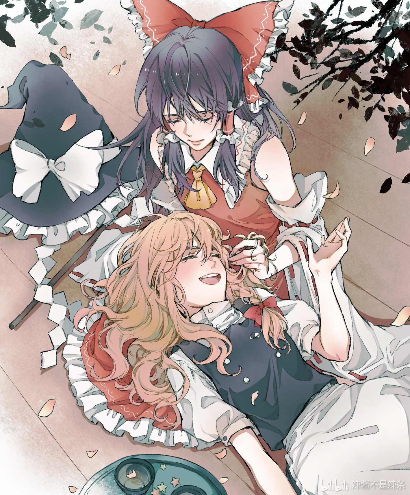 aihara-rina, hitte5416, hakurei reimu, kirisame marisa, touhou, artist collaboration, chinese commentary, colorized, commentary request, highres, 2girls, apron, ascot, blonde hair, bow, braid, closed eyes, closed mouth, detached sleeves, falling petals, frilled bow, frilled hair tubes, frilled skirt, frills, gohei, hair bow, hair tubes, hand in another's hair, hat, hat bow, lap pillow, long hair, multiple girls, open mouth, petals, red bow, red skirt, ribbon-trimmed sleeves, ribbon trim, side braid, single braid, sitting, skirt, skirt set, smile, teeth, unworn headwear, upper teeth only, waist apron, watermark, witch hat, yellow ascot, yuri