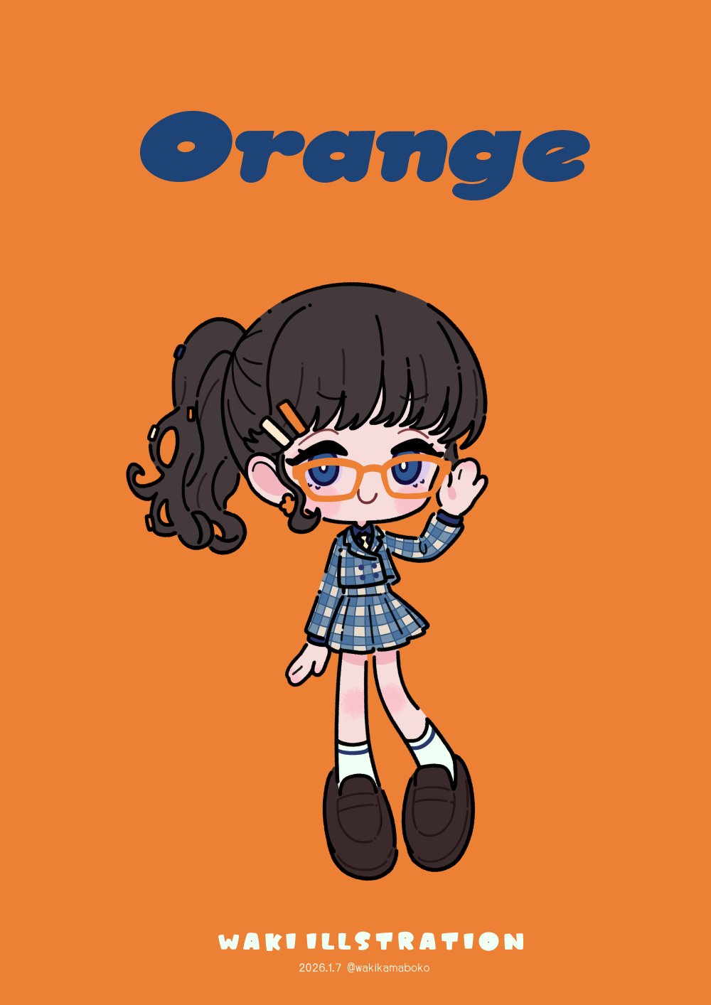 neki (wakiko), original, commentary, english commentary, highres, 1girl, black hair, blue eyes, blue shirt, blush stickers, brown necktie, brown shoes, chibi, closed mouth, collared shirt, dated, glasses, hair ornament, hairclip, jacket, loafers, long sleeves, looking at viewer, necktie, orange-tinted eyewear, orange background, plaid clothes, plaid jacket, plaid skirt, pleated skirt, ponytail, shirt, shoes, simple background, skirt, smile, socks, solo, standing, tinted eyewear, twitter username, white socks