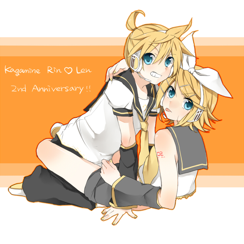 akatsuki (hinaoto), akatyukin, kagamine len, kagamine rin, vocaloid, bad id, bad pixiv id, 1boy, 1girl, :p, aqua eyes, blonde hair, brother and sister, hair ornament, hair ribbon, hairclip, headphones, headset, ribbon, short hair, siblings, smile, tongue, tongue out, twins