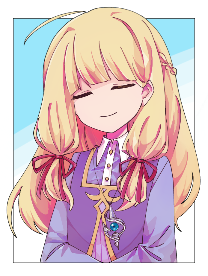 1girl, blonde hair, border, buttons, closed eyes, closed mouth, long hair, long sleeves, purple vest, smile, solo, upper body, vertical stripes, vest, white border