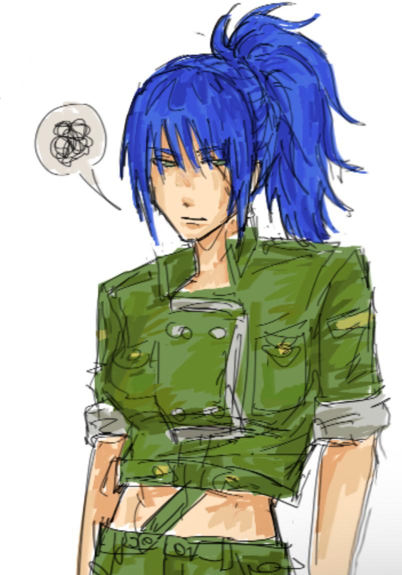 leona heidern, the king of fighters, 1girl, blue hair, female focus, green eyes, jacket, long hair, looking at viewer, military, ponytail, rindomi3