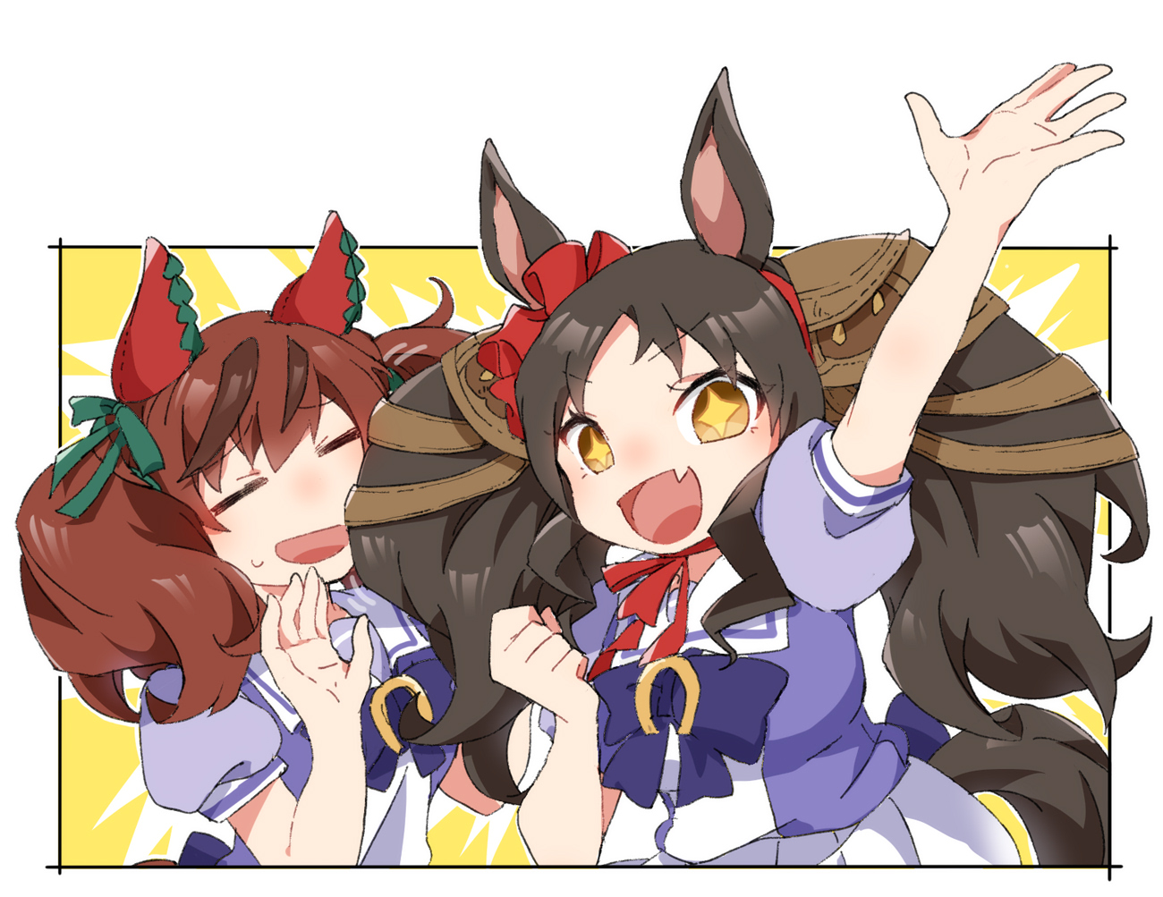 beer hsk, marvelous sunday (umamusume), nice nature (umamusume), umamusume, + +, 2girls, :d, arm up, black hair, blush, bow, breasts, brown eyes, brown hair, closed eyes, ear bow, fang, green bow, medium breasts, multicolored hair, multiple girls, open mouth, pleated skirt, puffy short sleeves, puffy sleeves, purple bow, purple shirt, school uniform, shirt, short sleeves, skirt, small sweatdrop, smile, streaked hair, sweat, tracen school uniform, twintails, v-shaped eyebrows, white skirt