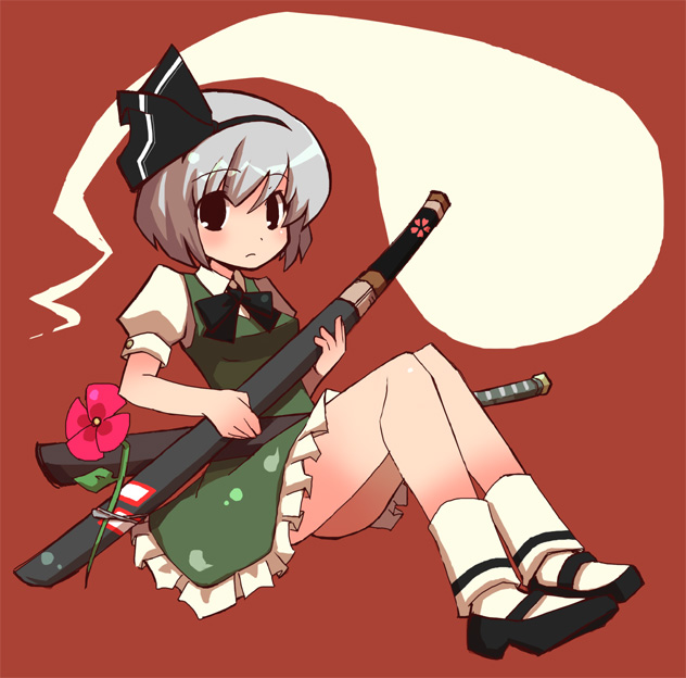 houroku, konpaku youmu, konpaku youmu (ghost), touhou, 1girl, female focus, flower, grey hair, hitodama, katana, solo, sword, weapon