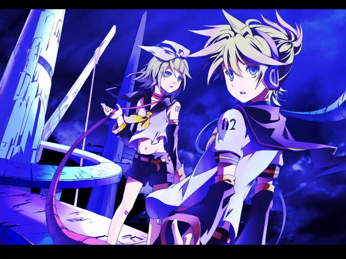 potchi, kagamine len, kagamine rin, vocaloid, bad id, bad pixiv id, 1boy, 1girl, blonde hair, blue eyes, brother and sister, detached sleeves, hair ornament, hair ribbon, hairclip, headphones, leash, neon lights, night, ribbon, short hair, siblings, twins