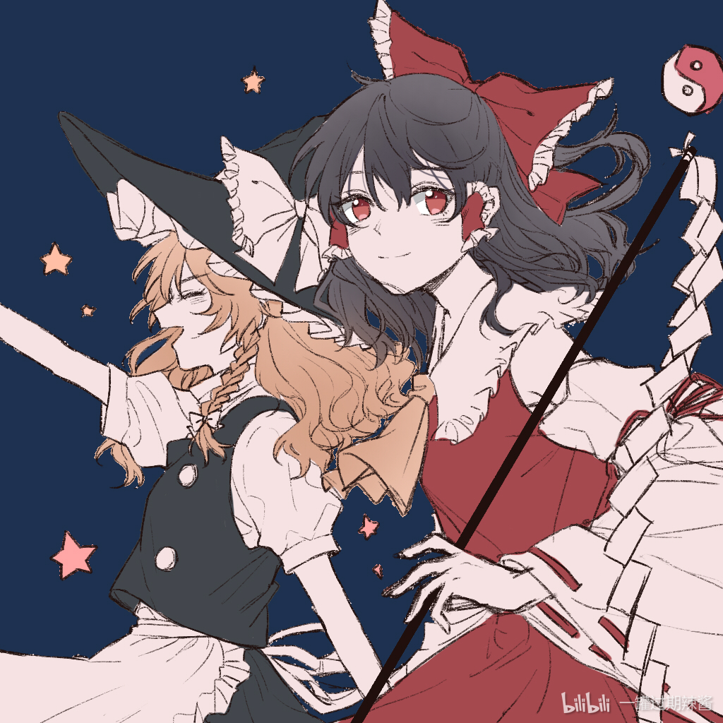 hitte5416, hakurei reimu, kirisame marisa, touhou, chinese commentary, commentary request, 2girls, apron, ascot, black hair, black hat, black skirt, black vest, blonde hair, blue background, bow, closed eyes, detached sleeves, frilled bow, frilled hair tubes, frills, gohei, hair bow, hair tubes, hat, holding, holding gohei, long hair, multiple girls, open mouth, orb, pointing, puffy short sleeves, puffy sleeves, red bow, red eyes, red skirt, ribbon-trimmed sleeves, ribbon trim, short sleeves, simple background, skirt, skirt set, star (symbol), vest, watermark, white apron, yellow ascot, yin yang, yin yang orb
