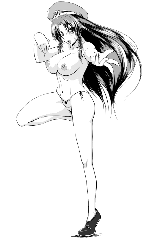 keraton, hong meiling, touhou, >:o, 1girl, :o, beret, braid, breasts, cleavage, female focus, fighting stance, greyscale, hat, hip focus, large breasts, lingerie, loafers, long hair, looking at viewer, monochrome, navel, nipples, panties, parted bangs, shoes, side-tie panties, solo, standing, star (symbol), straight hair, topless female, twin braids, underwear, underwear only, v-shaped eyebrows, very long hair