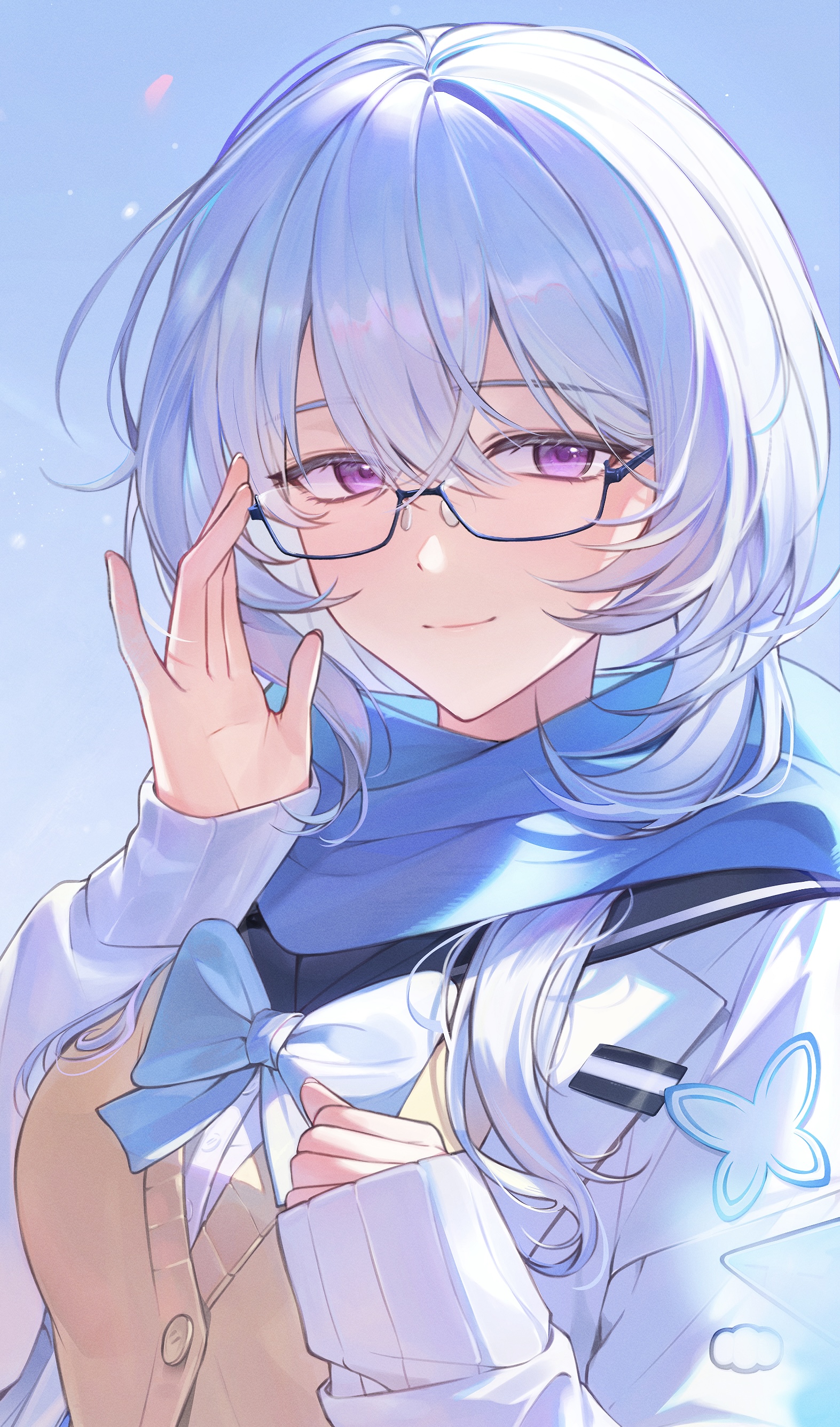 shorekeeper (wuthering waves), wuthering waves, absurdres, commentary, highres, 1girl, adjusting eyewear, bespectacled, blue bow, blue bowtie, blue hair, blue scarf, bow, bowtie, breasts, bug, butterfly, cardigan, closed mouth, coat, glasses, hair between eyes, insect, long hair, looking at viewer, medium breasts, purple butterfly, purple eyes, scarf, school uniform, smile, solo, upper body, white coat, yellow cardigan, zani journey