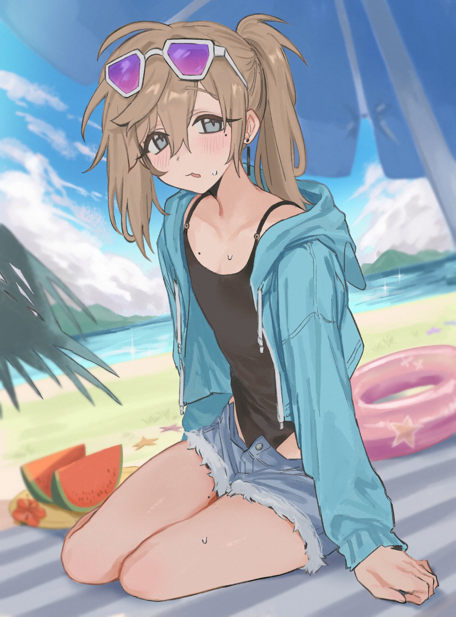 sp1nosaur, kanae (nijisanji), nijisanji, commentary, highres, symbol-only commentary, 1boy, asymmetrical sidelocks, beach, beach umbrella, black tank top, blue jacket, blue shorts, blue sky, blush, brown hair, cloud, denim, denim shorts, earrings, eyewear on head, food, fruit, full body, grey eyes, hair between eyes, hood, hooded jacket, innertube, jacket, jewelry, long eyelashes, long hair, male focus, mole, mole under eye, open clothes, open jacket, open mouth, ponytail, shorts, sidelocks, sitting, sky, solo, sunglasses, sweat, swim ring, tank top, tinted eyewear, umbrella, virtual youtuber, watermelon, watermelon slice, yokozuwari