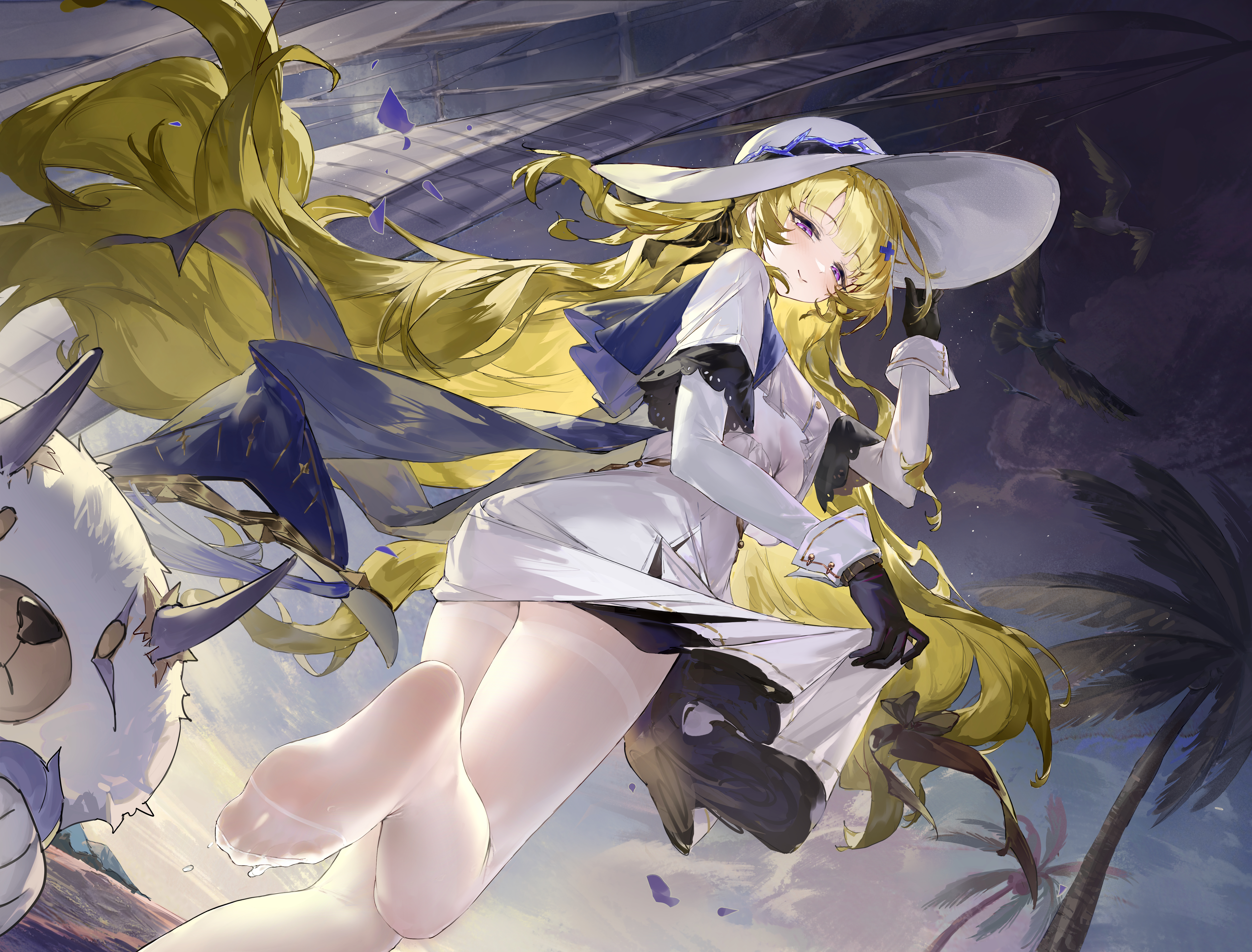 cro (pixiv14643743), phoebe (wuthering waves), wuthering waves, absurdres, commentary request, highres, 1girl, black gloves, blonde hair, clothes lift, creature, dress, dripping, feet, floppy hat, gloves, hat, leg up, legs, long hair, looking at viewer, pantyhose, purple eyes, see-through clothes, see-through legwear, see-through pantyhose, skirt, skirt lift, smile, soles, sun hat, toes, very long hair, wet, wet clothes, wet pantyhose, white dress, white hat, white pantyhose, white skirt
