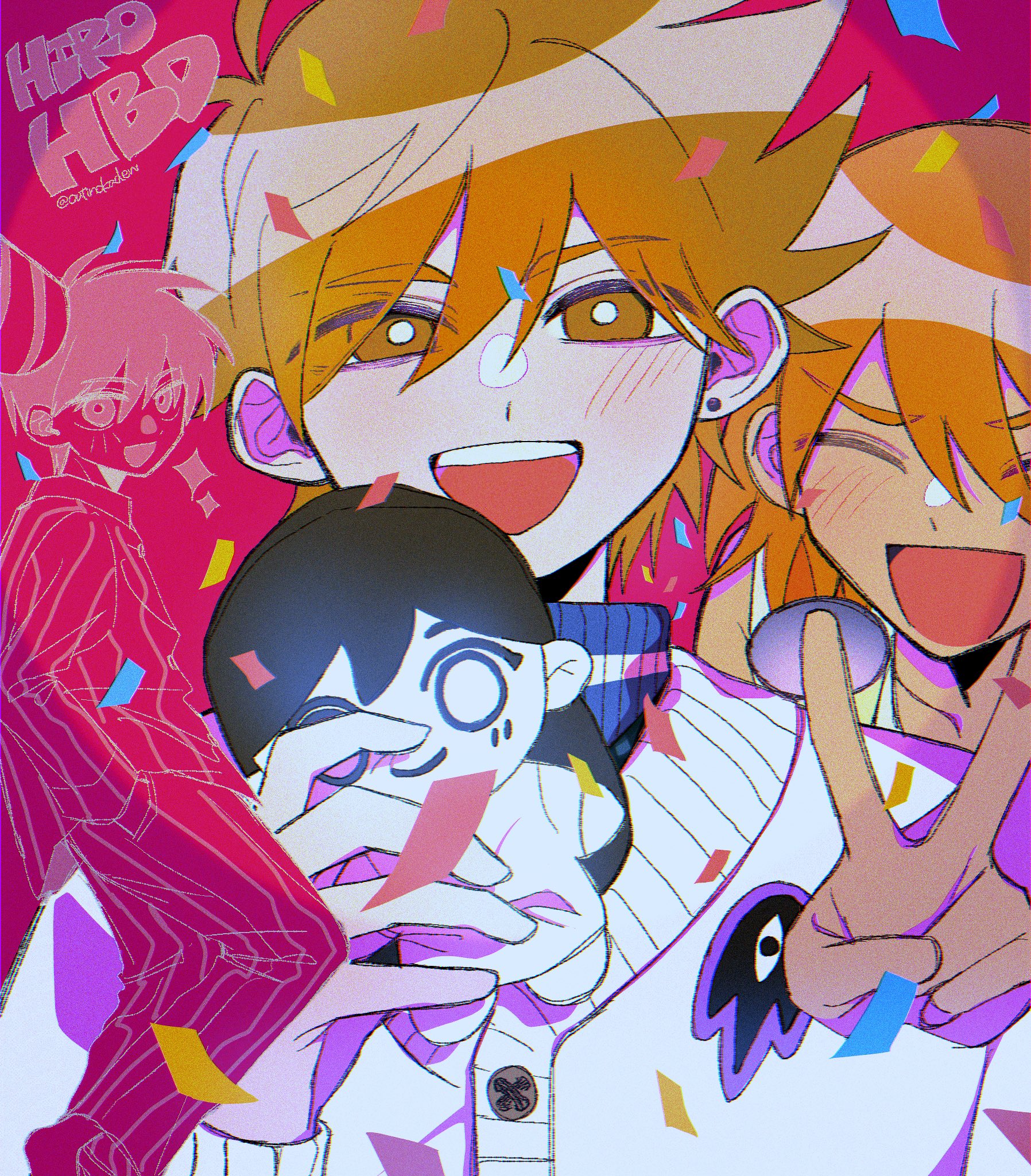 outinokaden, hero (faraway) (omori), hero (omori), kel (faraway) (omori), kel (omori), mari (omori), mari (spirit) (omori), something (omori), omori, commentary, hashtag-only commentary, highres, 2boys, alternate eye color, antenna hair, blush, bright pupils, brown eyes, brown hair, cardigan, character doll, closed mouth, confetti, dark-skinned male, dark skin, doll, double-parted bangs, ear piercing, hair between eyes, happy birthday, hero (birthday) (omori), holding, holding stuffed toy, long sleeves, looking at viewer, male focus, multiple boys, party popper, piercing, short hair, stuffed animal, stuffed toy, teeth, twitter username, upper teeth only, white cardigan, white pupils